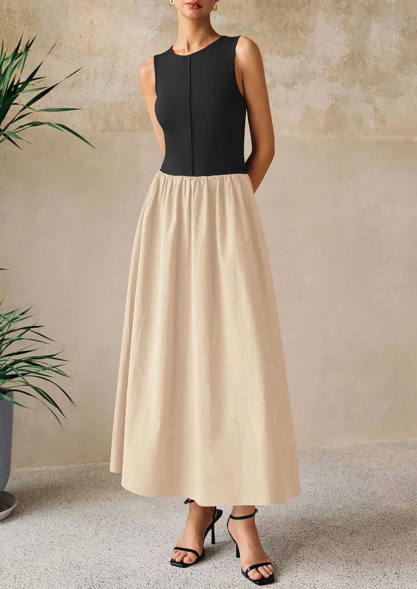 Women Maxi Dresses Casual Sleeveless Patchwork Knit Tank Dress Flowy Beach Sundress Long Dress