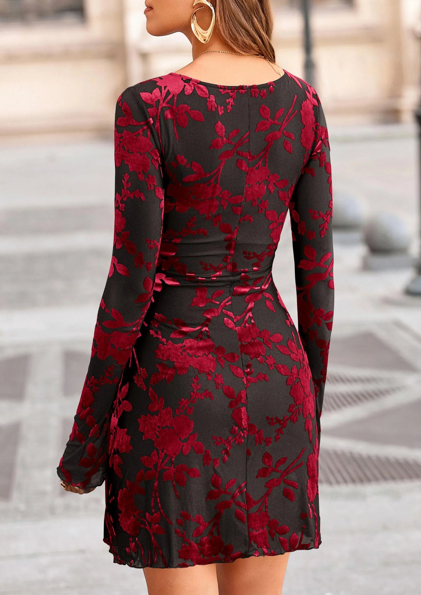 Women's Fall Fashion Floral Long Sleeve Mini Dress Mesh Bodycon Short Party Date Night Going Out Dresses