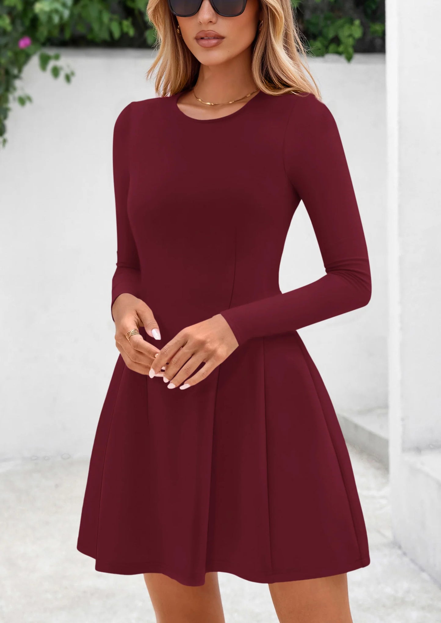 Long Sleeve Mini Dress for Women Fall Crewneck Knit Pleated Babydoll A Line Soft Casual Short Party Dresses