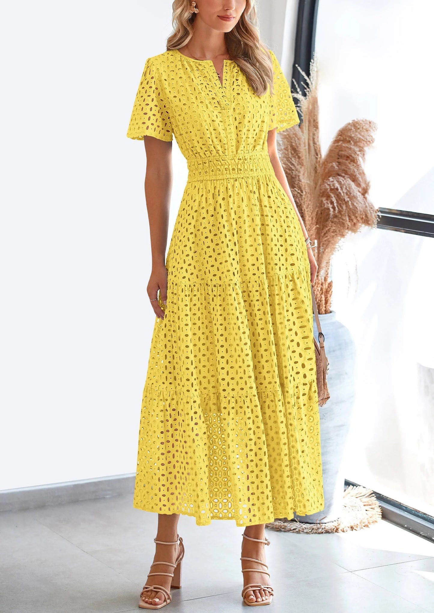 Womens Maxi Dress Short Sleeve V Neck Hollow Out Eyelet A Line Long Flowy Beach Vacation Dresses