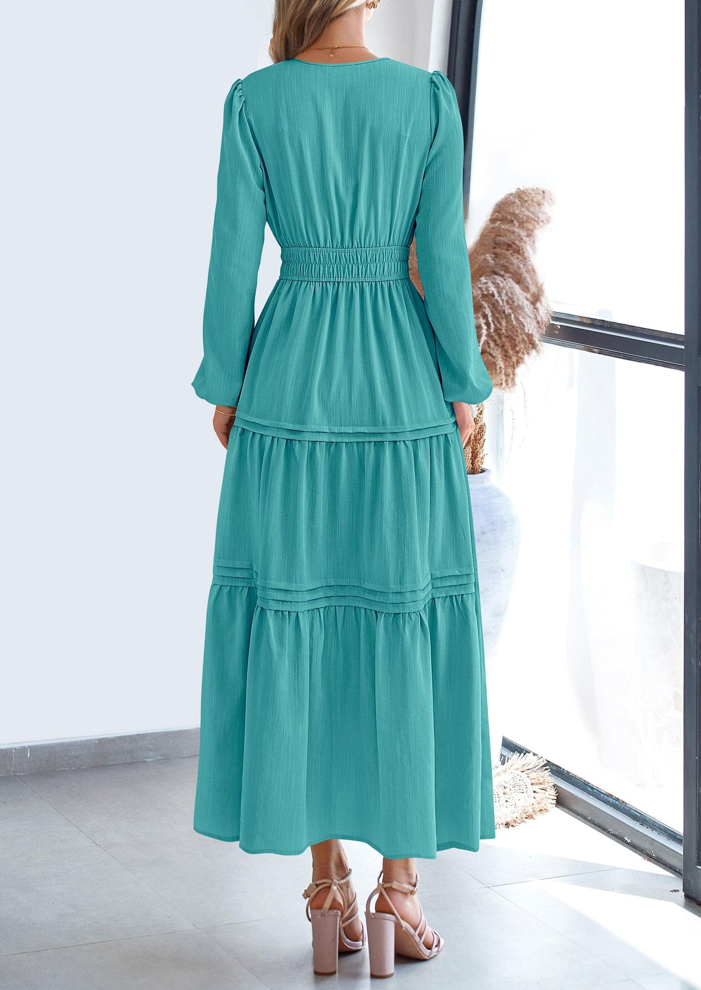 Women's Elegant Maxi Dresses Long Sleeve V Neck Flowy Pockets Casual Modest Dress Fall Fashion Clothes