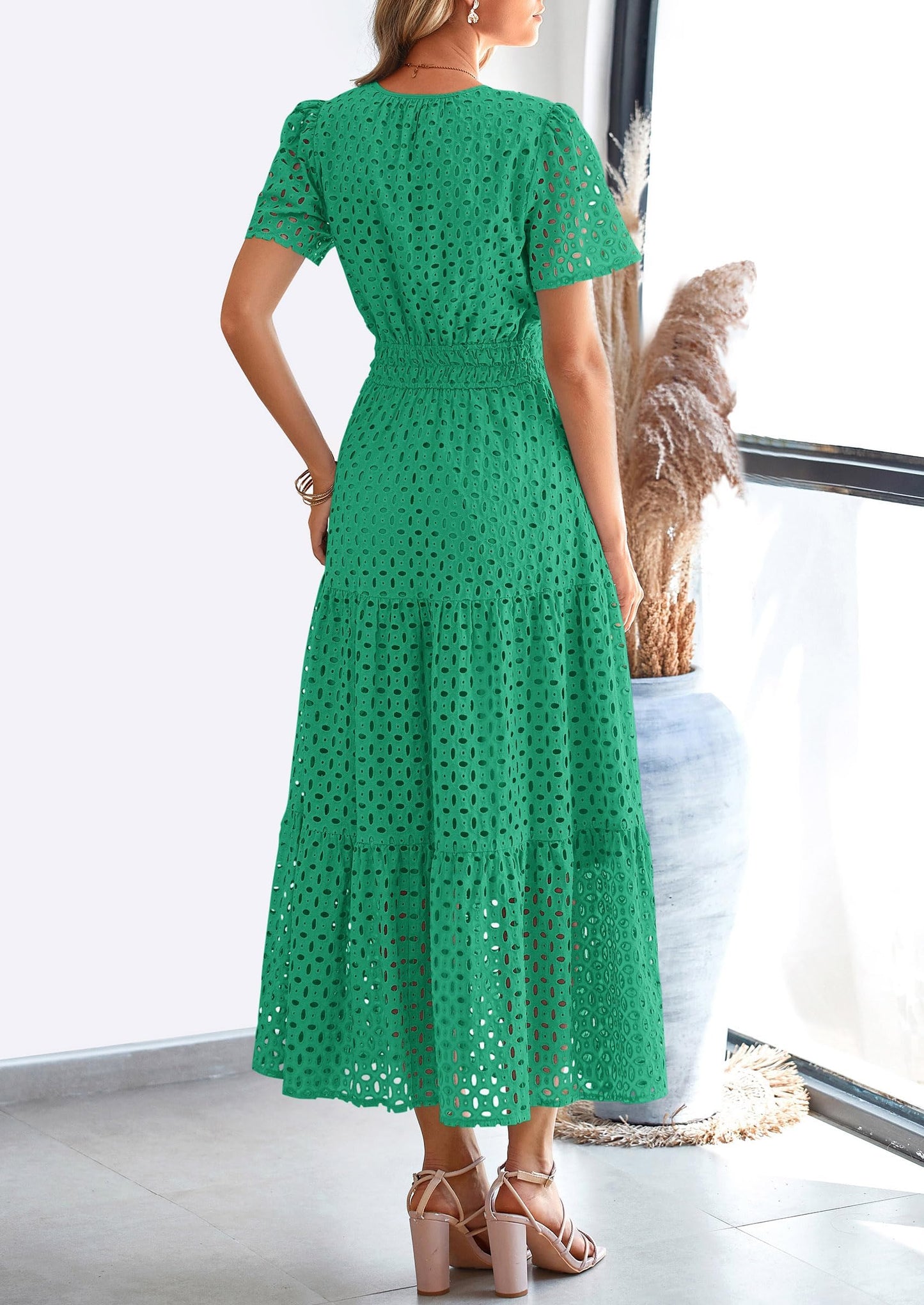Womens Maxi Dress Short Sleeve V Neck Hollow Out Eyelet A Line Long Flowy Beach Vacation Dresses