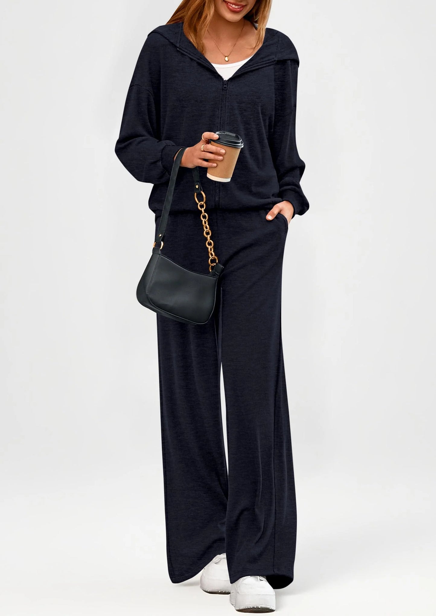Women's 2 Piece Fall Lounge Sets Zip Up Hoodie Wide Leg Pants Tracksuit Matching Travel Outfits Clothes