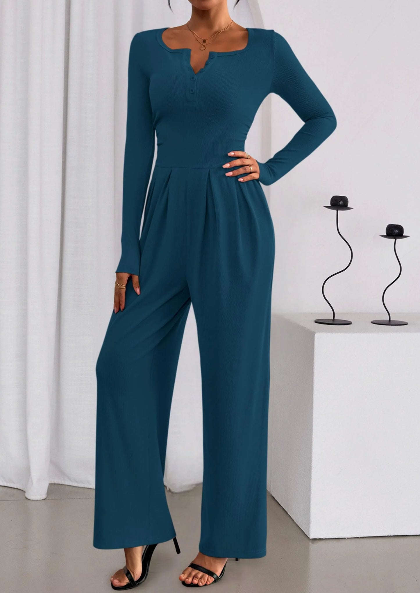 Jumpsuits for Women Dressy Casual Fall One Piece Outfits Long Sleeve Crew Neck Wide Leg Pants Rompers