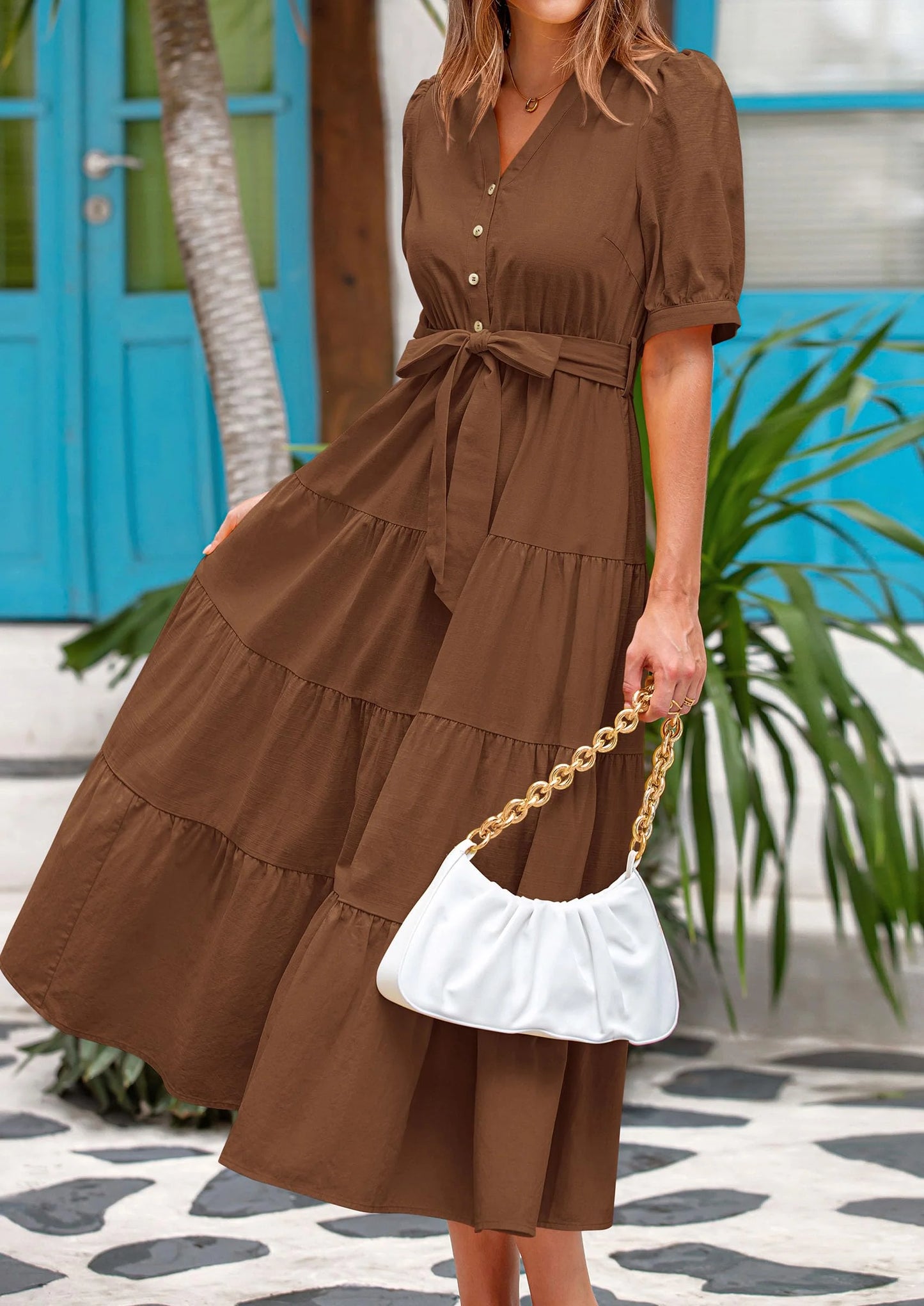 Women's Midi Dress Casual Short Sleeve V Neck Buttons Belted Ruffle A Line Flowy Dress with Pockets