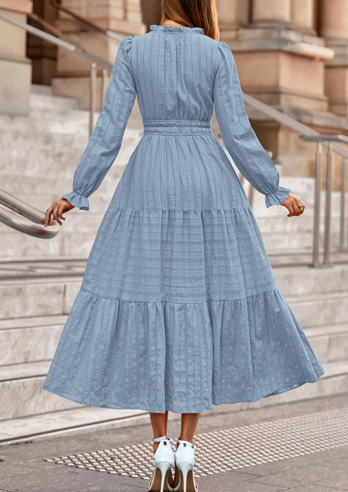 Women's Fall Wedding Guest Dresses Long Sleeve V Neck Flowy Elegant Holiday Party Maxi Dress with Pockets