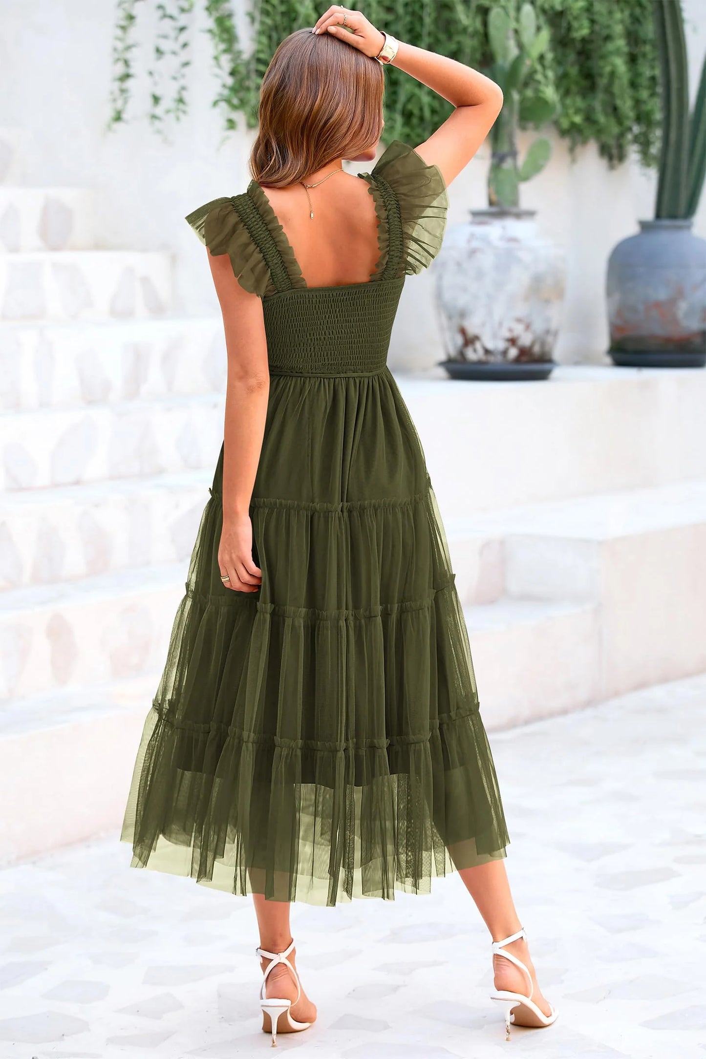 Women's Tulle Midi Dress Sleeveless Smocked Ruffle Mesh Flowy Dresses Party Wedding Guest Sundress