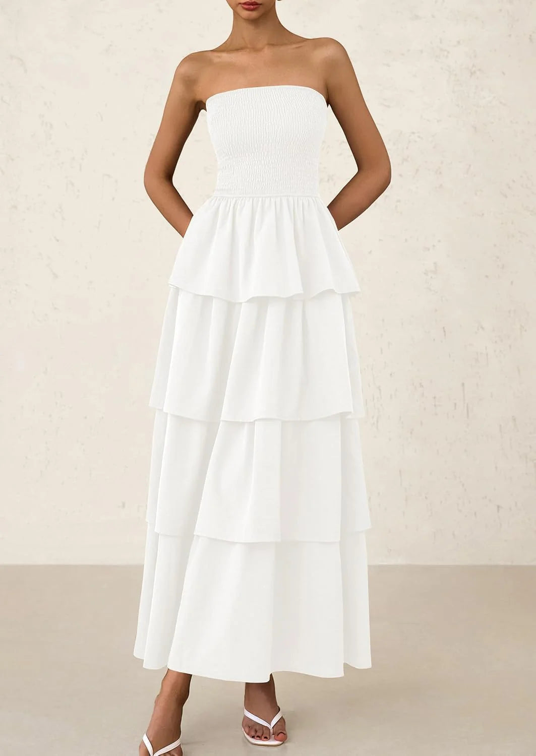 Maxi Dresses for Women Off Shoulder Smocked Tiered Ruffle Long Flowy Wedding Guest Dress