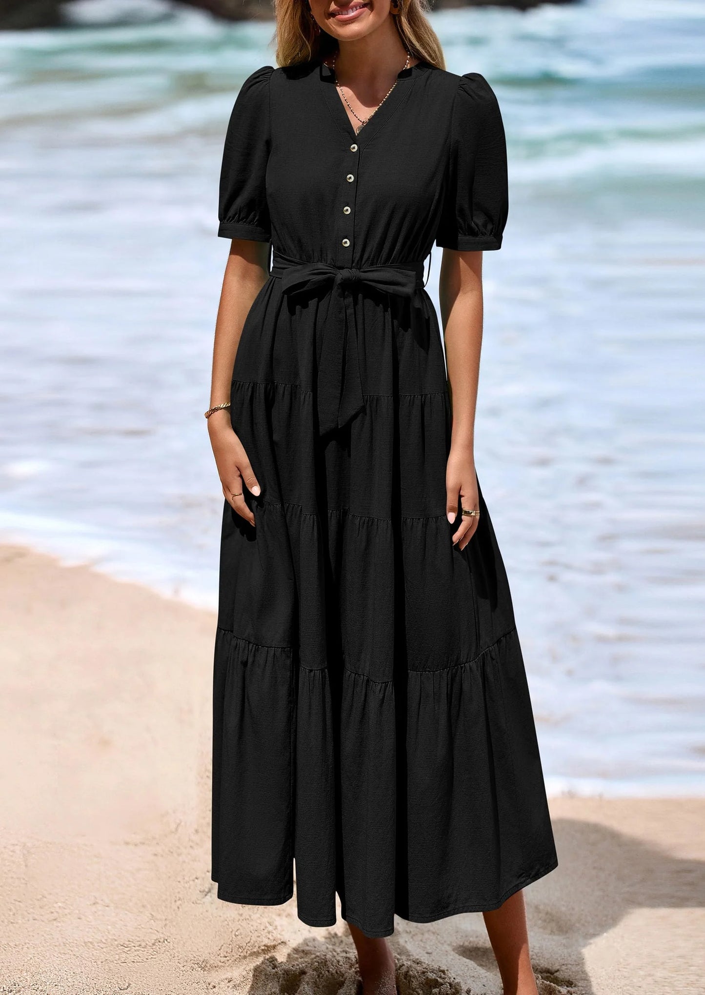 Women's Midi Dress Casual Short Sleeve V Neck Buttons Belted Ruffle A Line Flowy Dress with Pockets