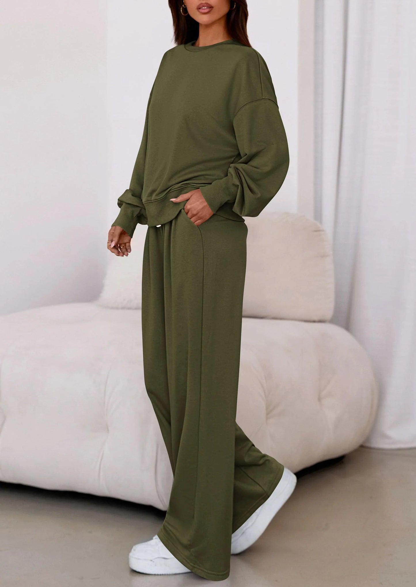 Womens 2 Piece Sets Long Sleeve Sweatshirt Wide Leg Pants Loose Matching Lounge Set Trendy Fall Outfits