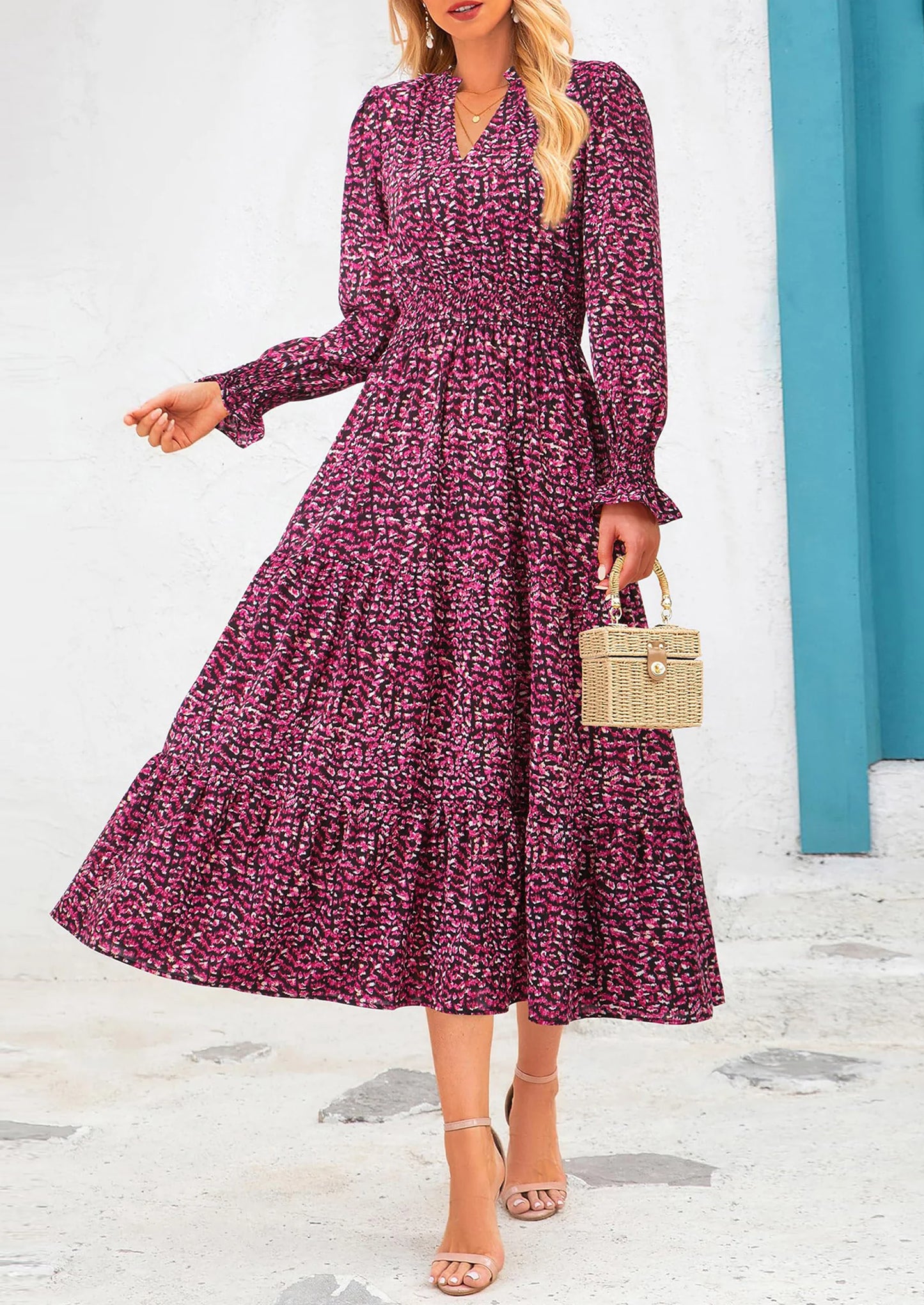 Women's Floral Maxi Dress Spring Long Sleeve V Neck Casual A Line Long Flowy Boho Party Dresses