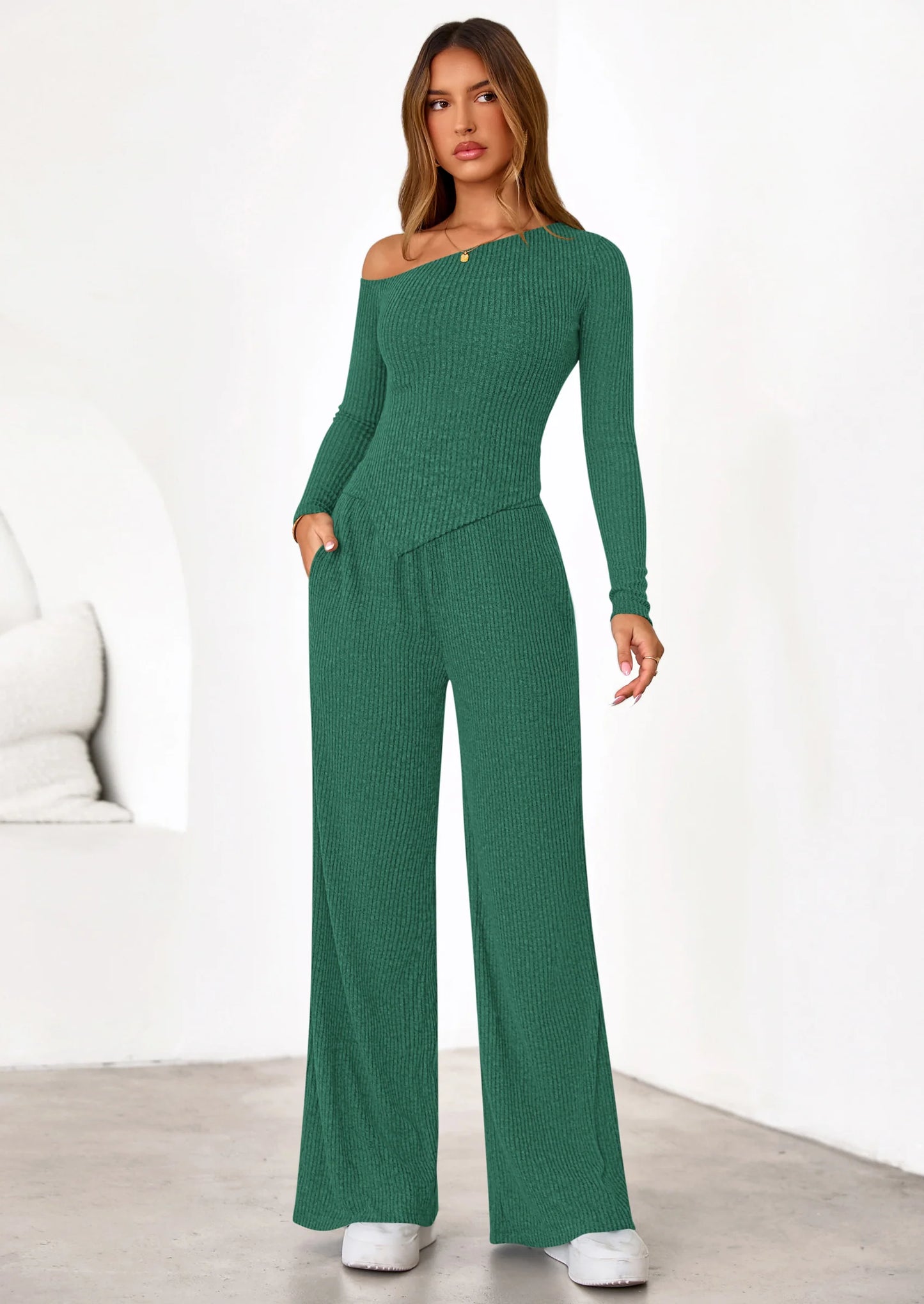 Casual Two Piece Sets for Women Fall Outfits Asymmetrical Off Shoulder Tops Wide Leg Pants Knit Lounge Set