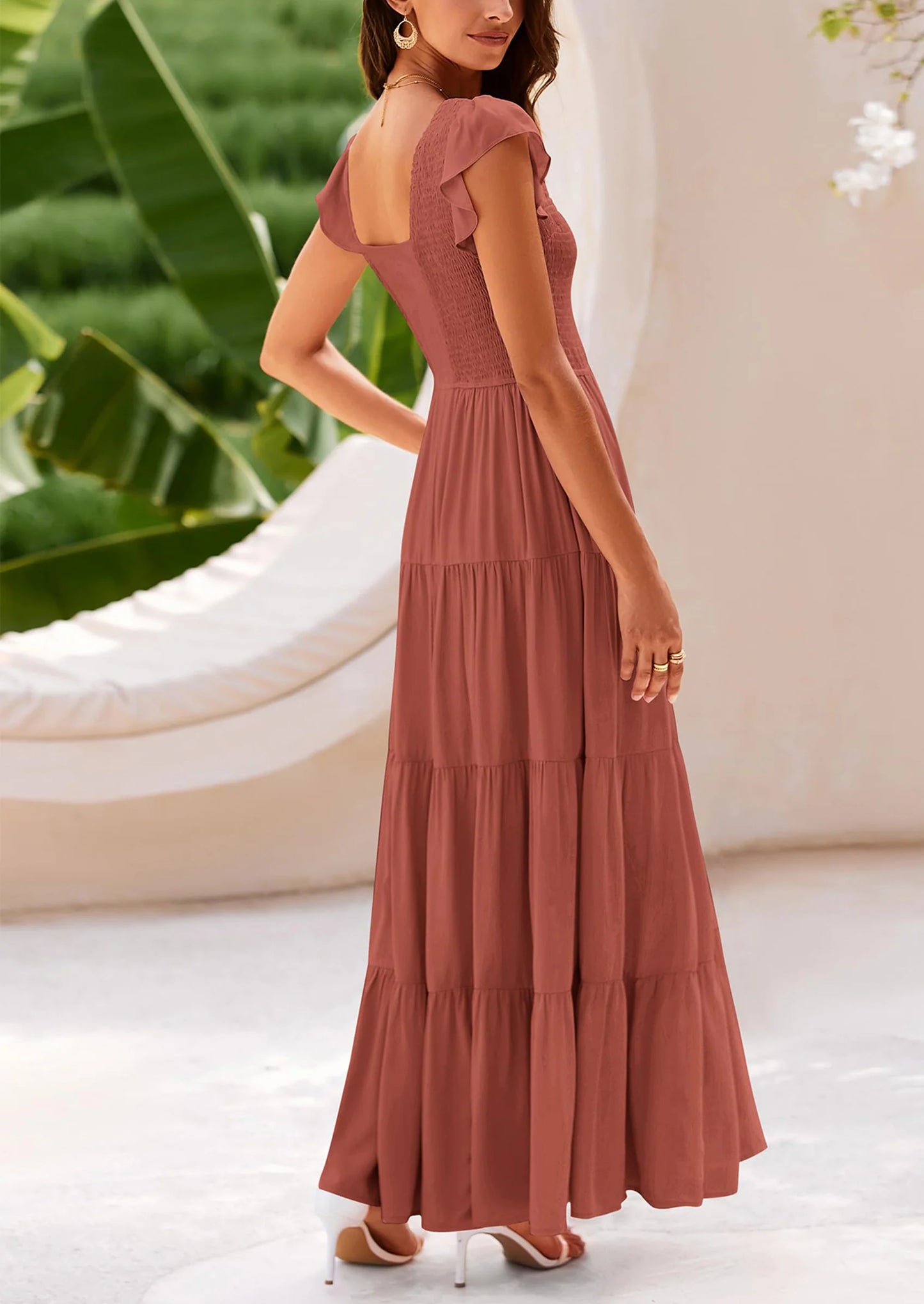 Women's Flowy Maxi Dress Casual Cap Sleeve V Neck Smocked Beach Sundress
