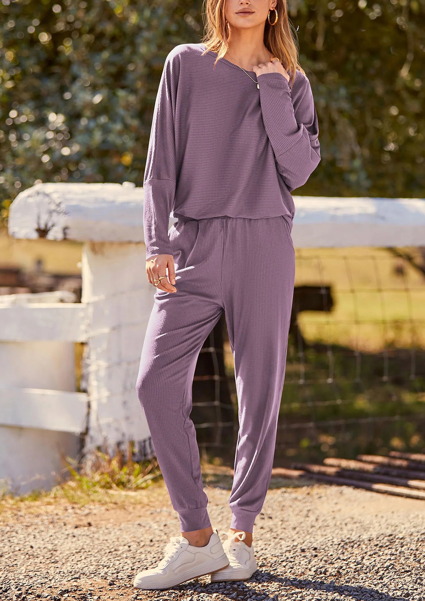 Women's Fall 2 Piece Lounge Set Long Sleeve Tops Ribbed Pants Spring Matching Sweatsuit Travel Outfits Clothes