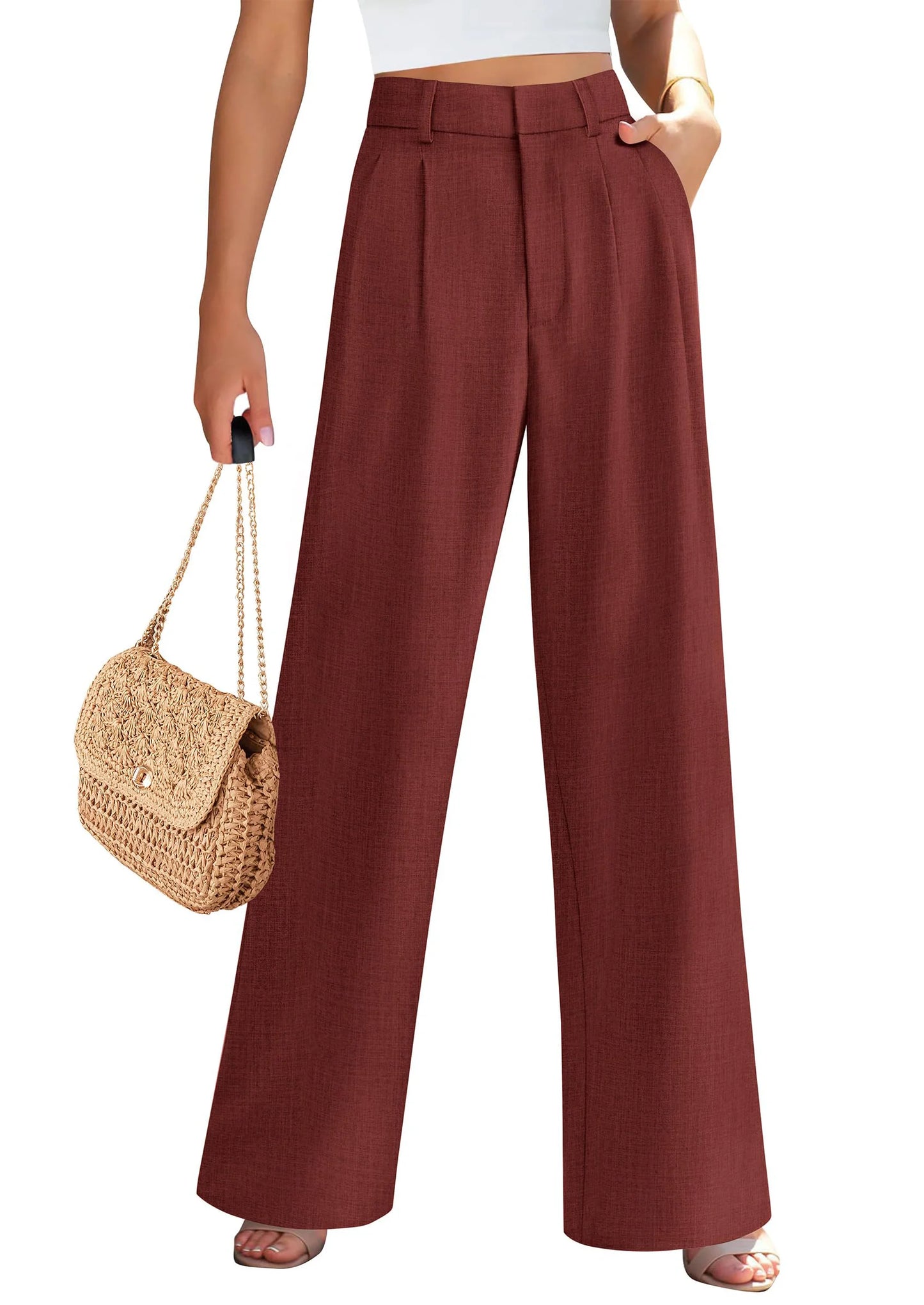 Women's Summer Elastic High Waisted Work Pants Straight Leg Dressy Business Casual Trousers Slacks Pockets