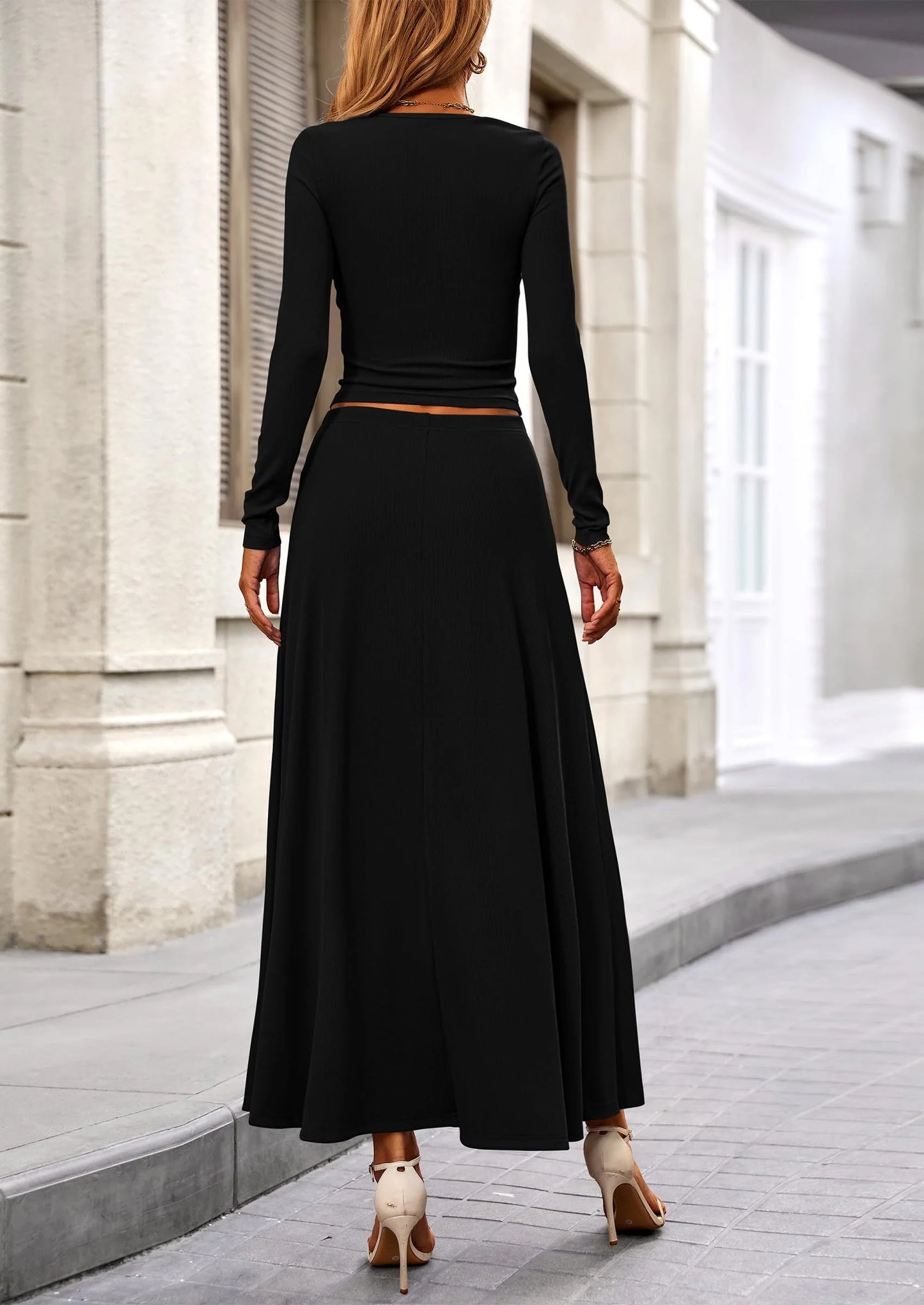2 Piece Casual Ribbed Knit Long Sleeve Crop Tops Maxi Flowy Skirts Matching Sets