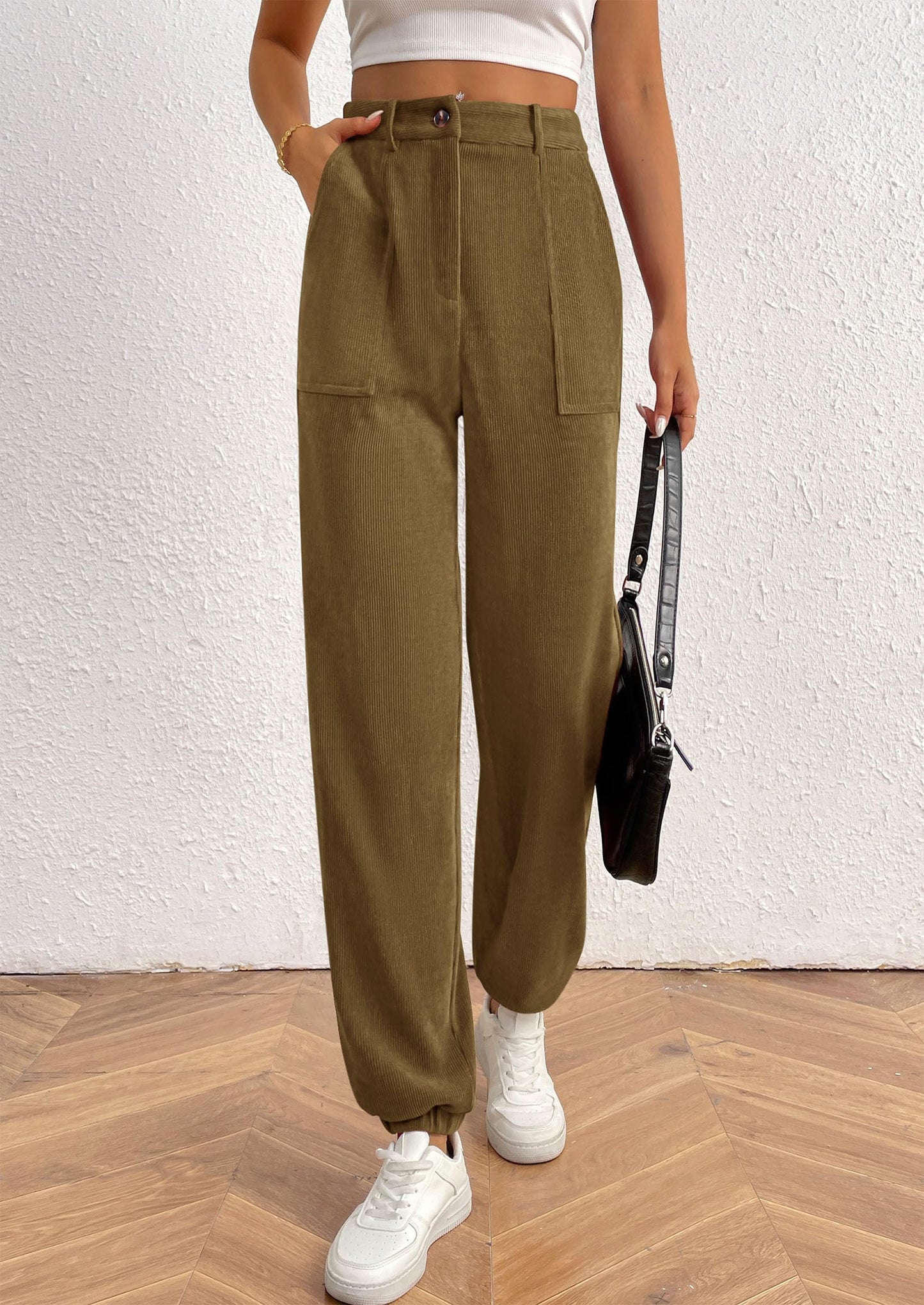 Women's Pants Dressy Casual Fall Elastic High Waisted Work Office Corduroy Trouser Slacks with Pockets