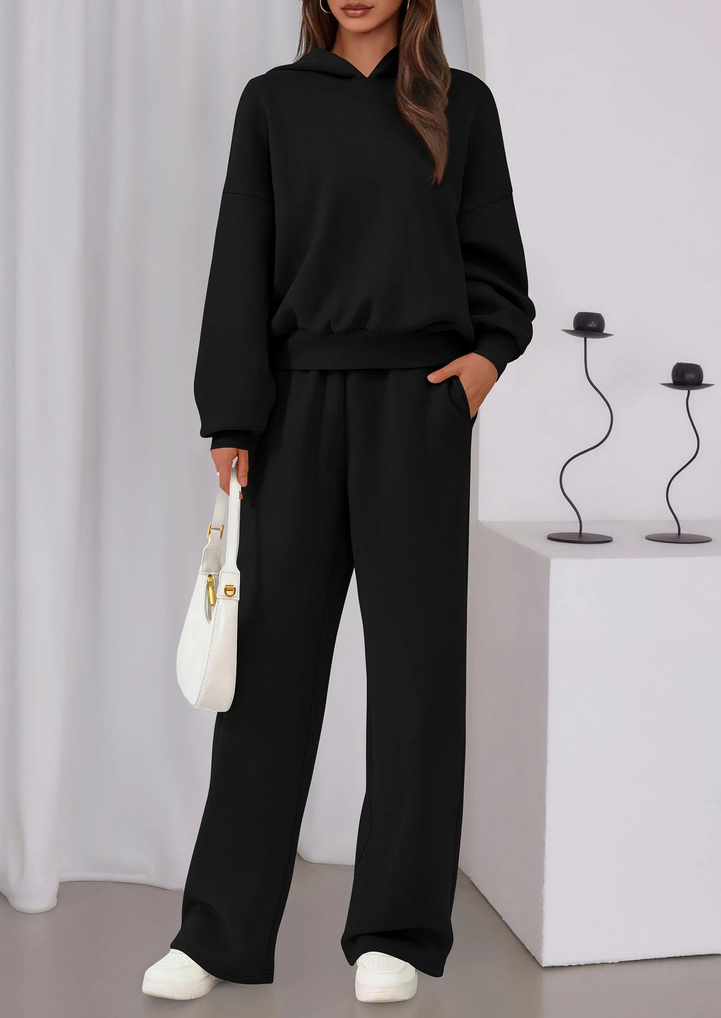 Womens Sweatsuits 2 Piece Set Casual Winter Long Sleeve Hoodie Loose Wide Leg Sweatpants Fall Tracksuit