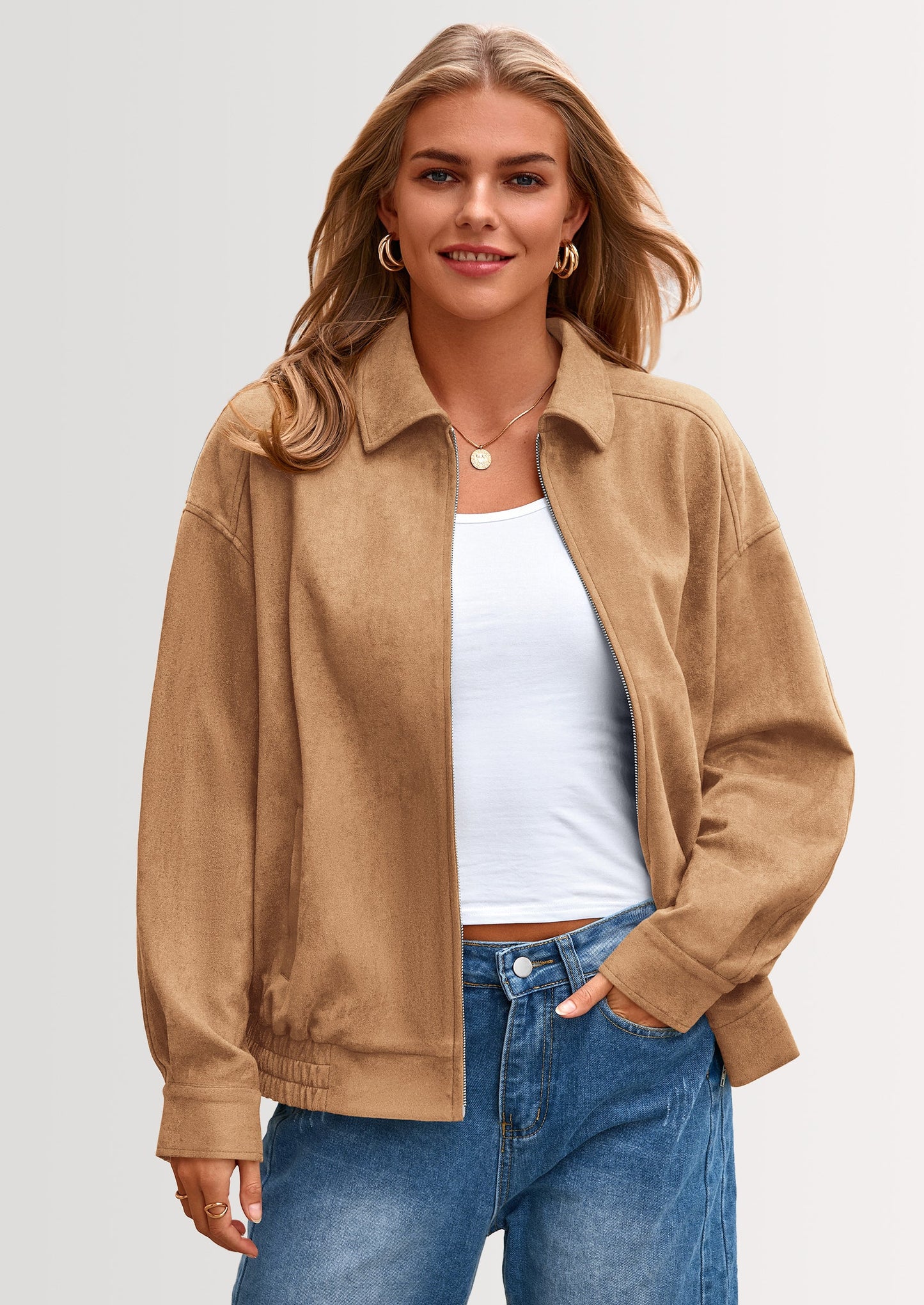 Women's Faux Suede Motorcycle Jacket Trendy Fall Fashion Oversized Zip Up Coats Winter Clothes Outerwear