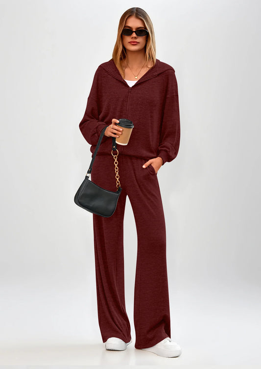 Women's 2 Piece Fall Lounge Sets Zip Up Hoodie Wide Leg Pants Tracksuit Matching Travel Outfits Clothes