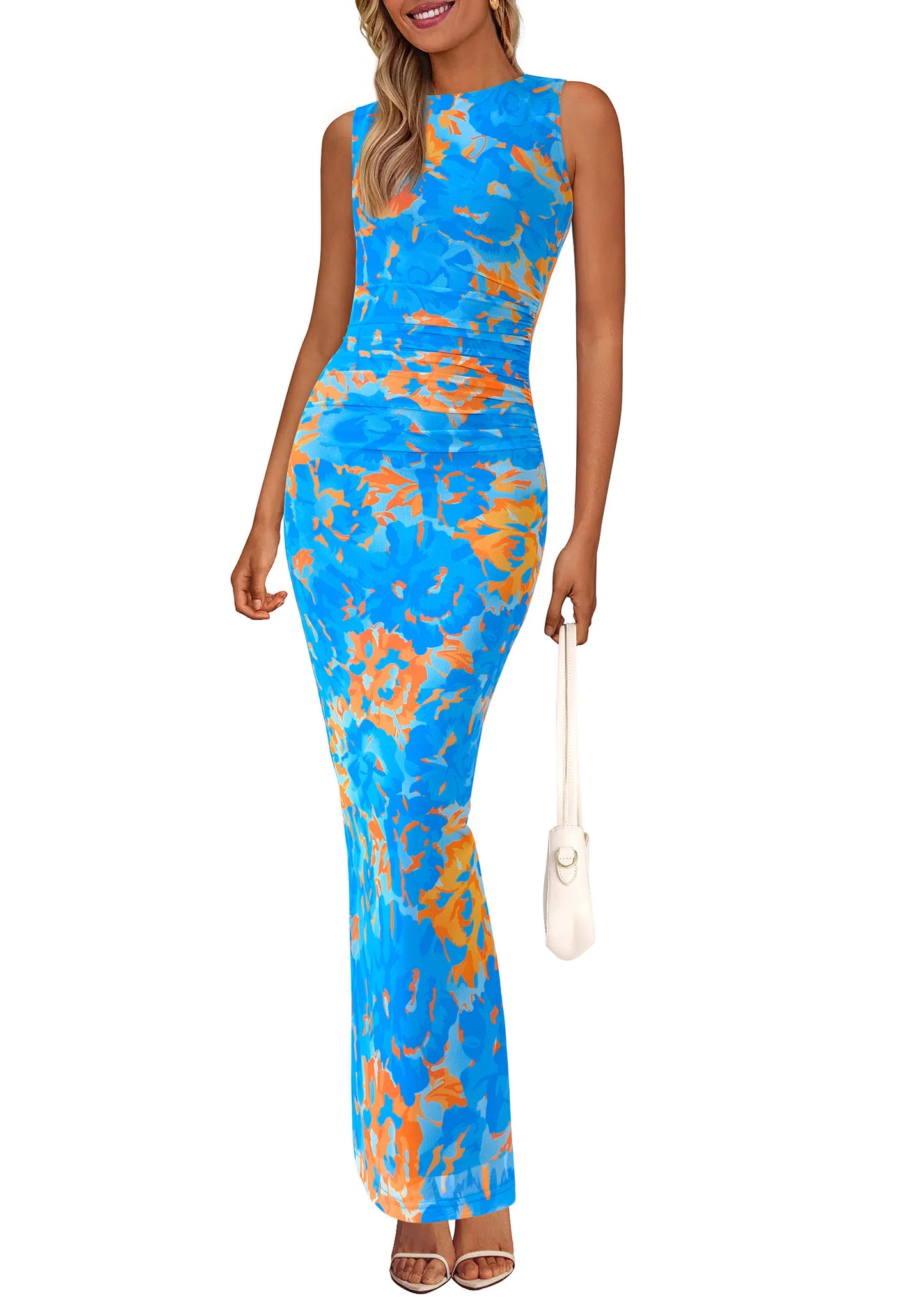 Wedding Guest Dresses for Women Spring Floral Bodycon Sleeveless Mesh Maxi Long Dress