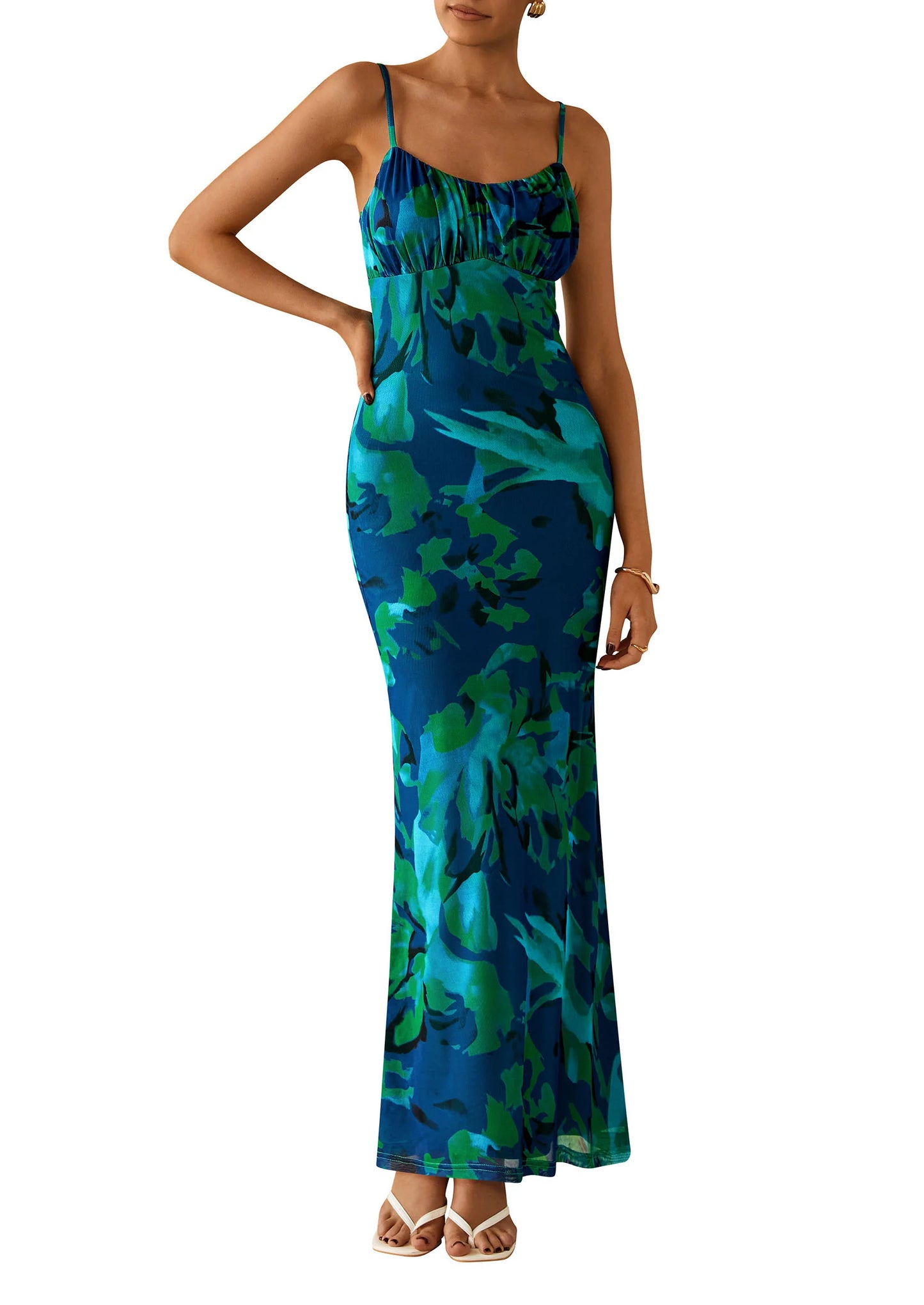 Women's Bodycon Maxi Dress Floral Sundress Sleeveless Spaghetti Strap Cocktail Party Dress