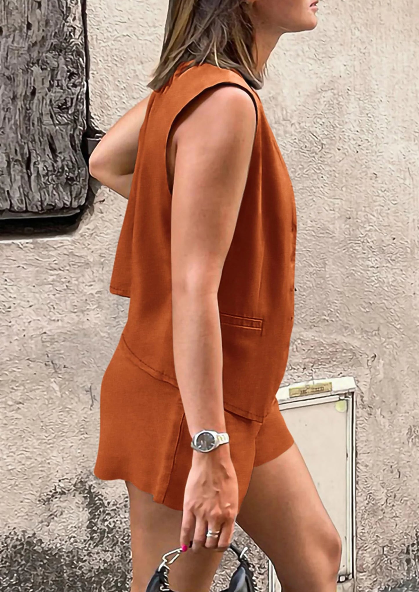 Women's Summer 2 Piece Outfits Sleeveless Matching Sets Button Down V Neck Vest Waistcoat and Pockets Shorts