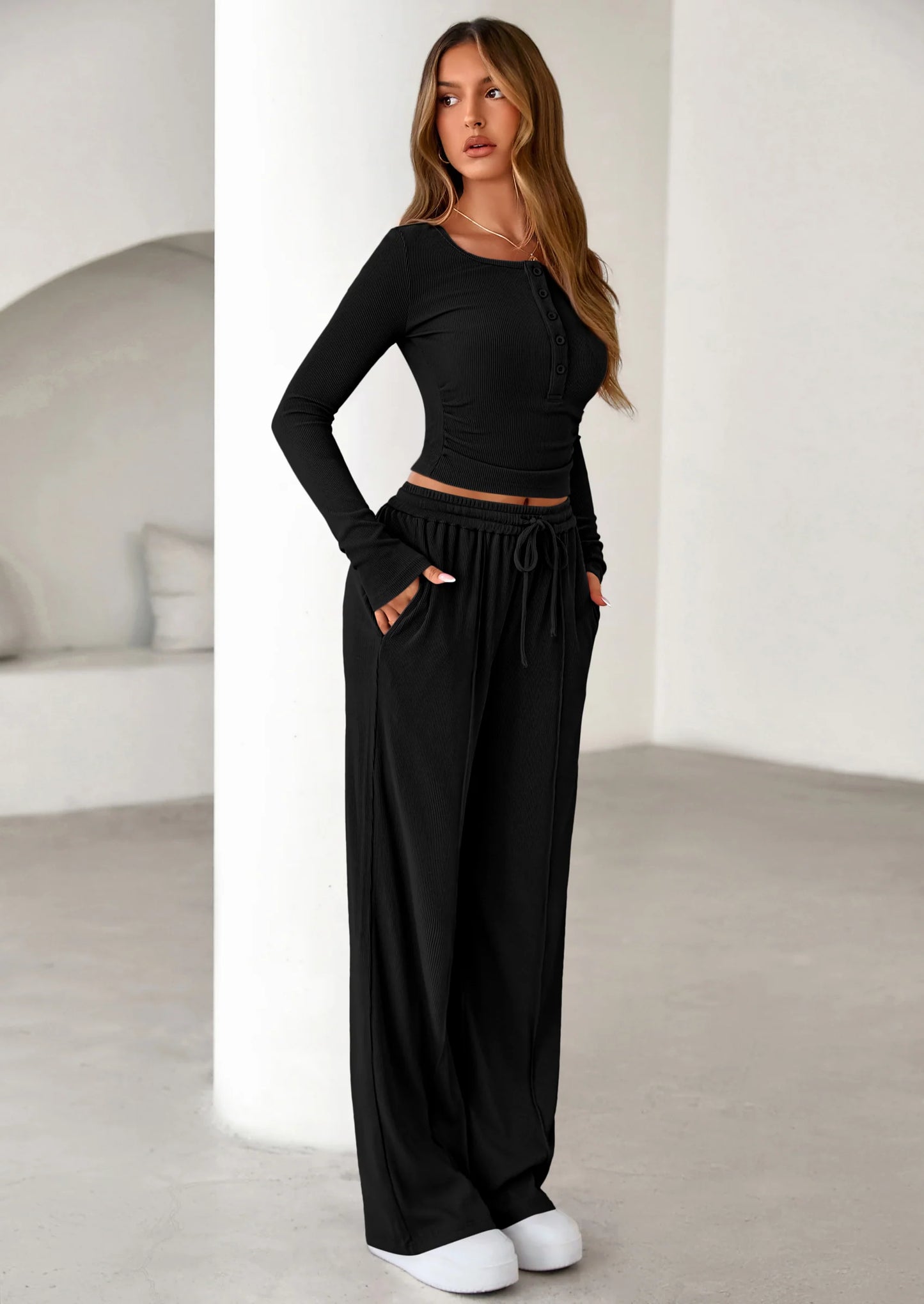 Women's Fall Trendy 2 Piece Outfits Lounge Sets Long Sleeve Top Henley Shirts Wide Leg Pants Travel Clothes