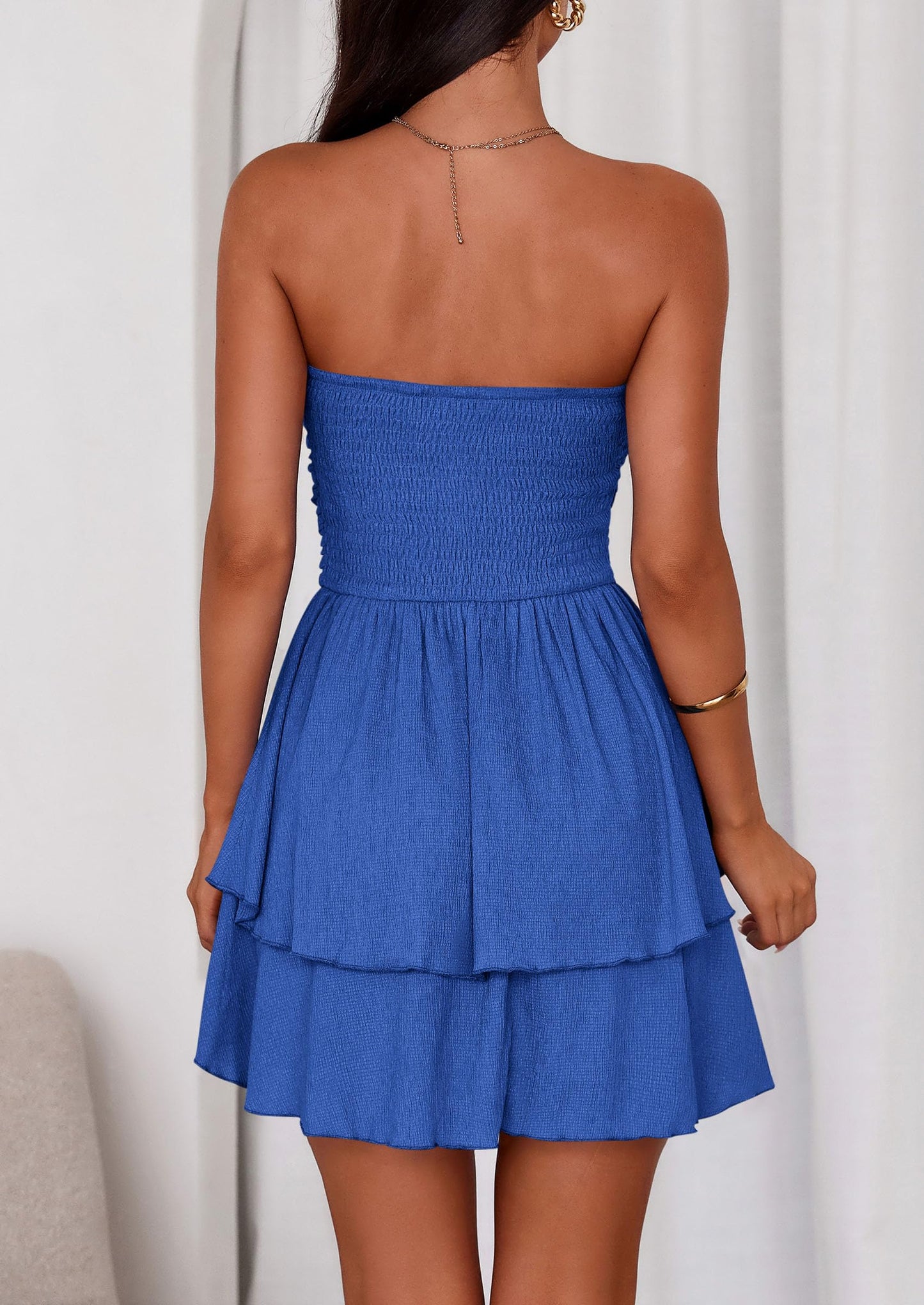 Women's Summer Strapless Tube Mini Dress Off Shoulder Smocked Ruffle A Line Flowy Short Party Club Dresses