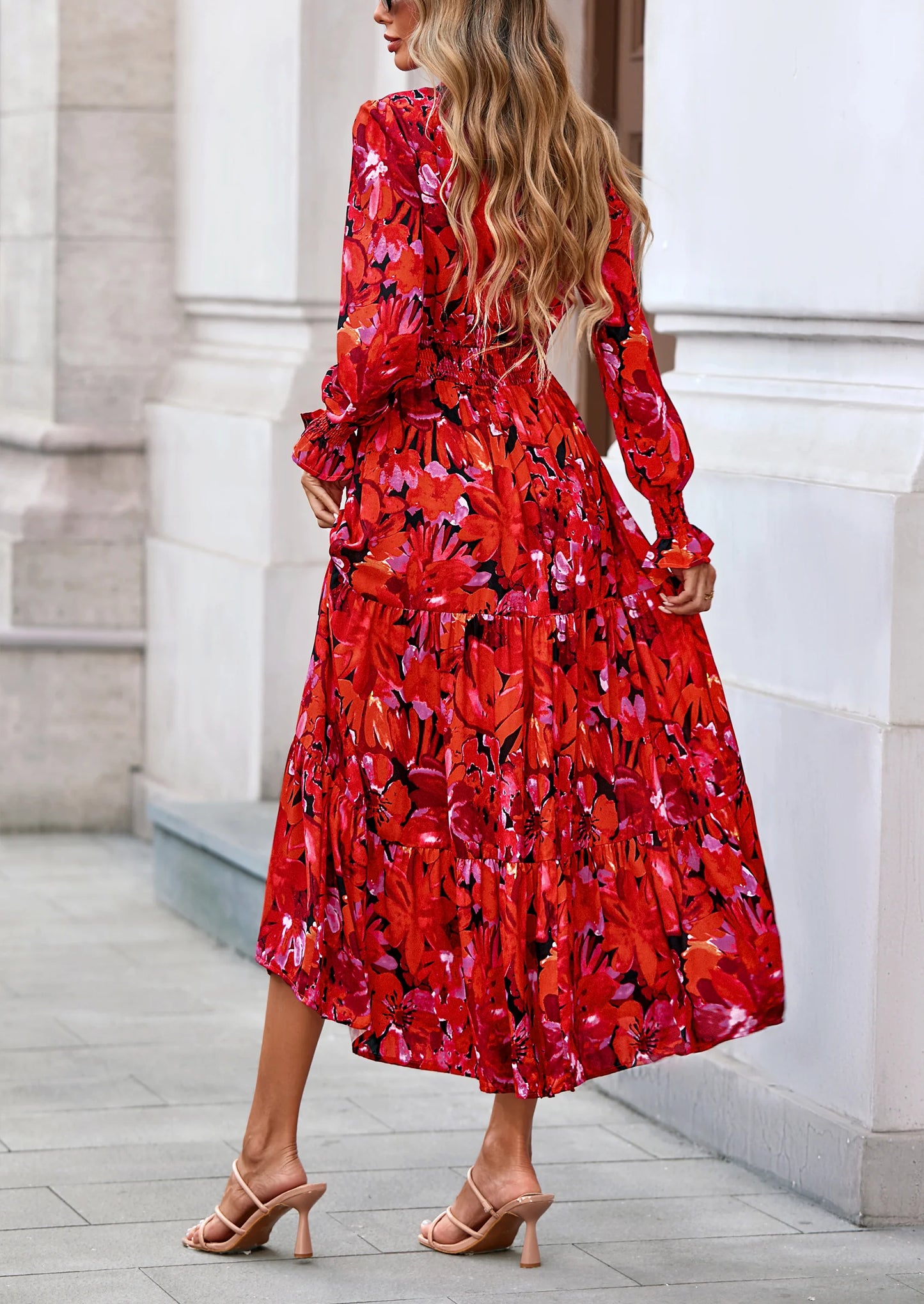 Women's Floral Maxi Dress Spring Long Sleeve V Neck Casual A Line Long Flowy Boho Party Dresses