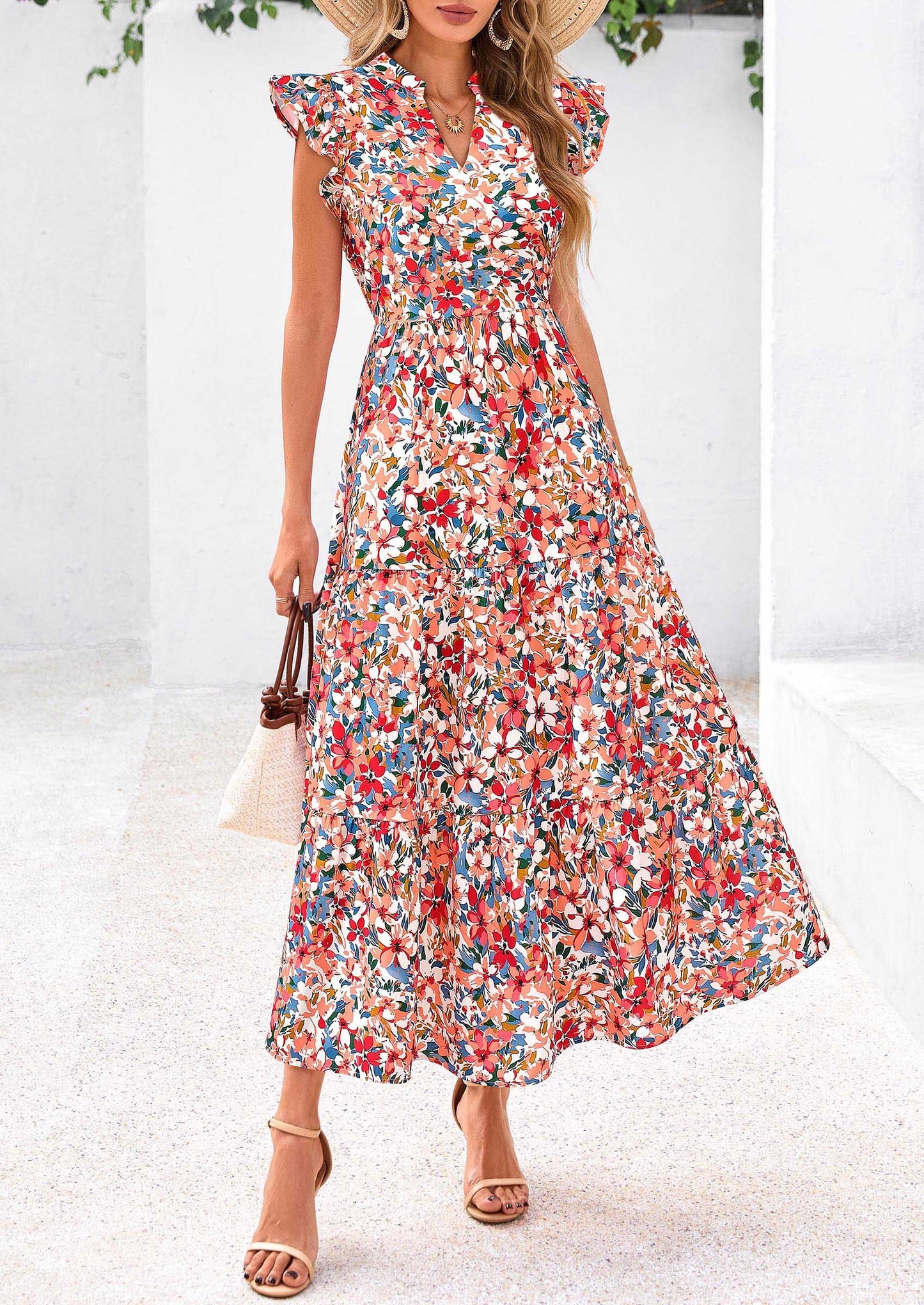 Women's Summer Floral Midi Dress Cap Sleeve V Neck Ruffle Long Flowy Boho Casual Beach Vacation Dresses