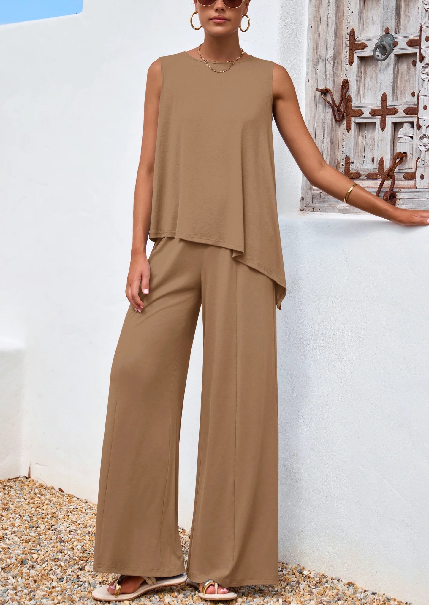 Women's Two Piece Matching Lounge Sets Asymmetrical Split Tank Tops Wide Leg Pants Summer Outfits Tracksuit