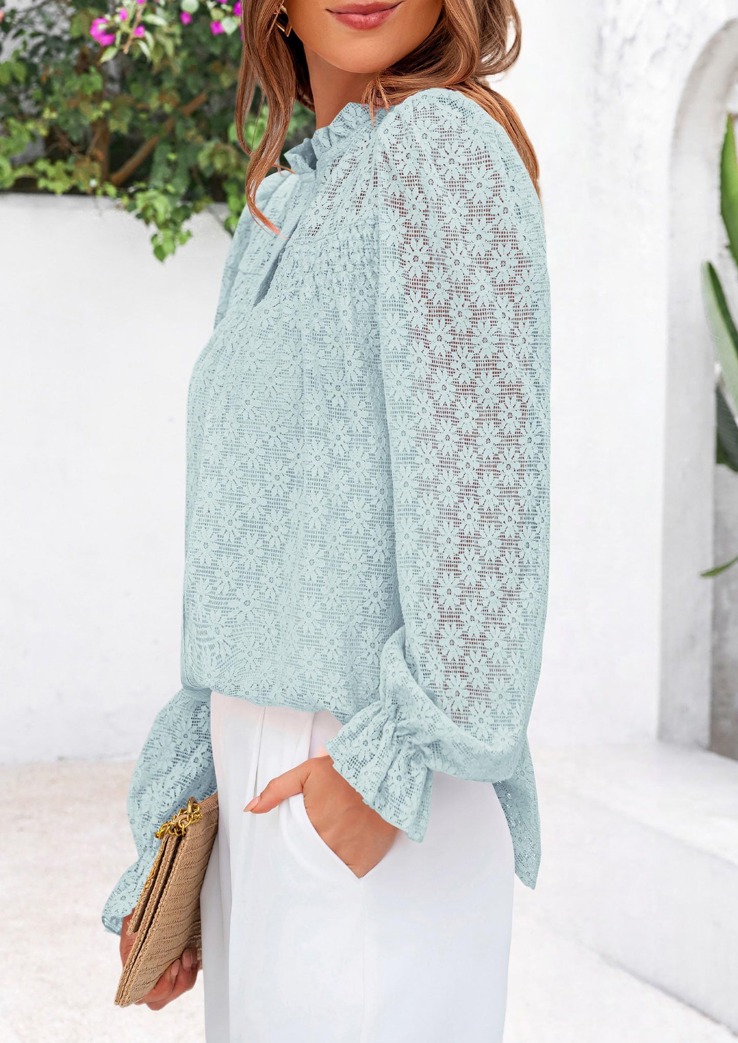 Lace Long Sleeve Tops for Women Eyelet Blouses Dressy Casual Hollow Out Button Down Shirts Summer Outfits