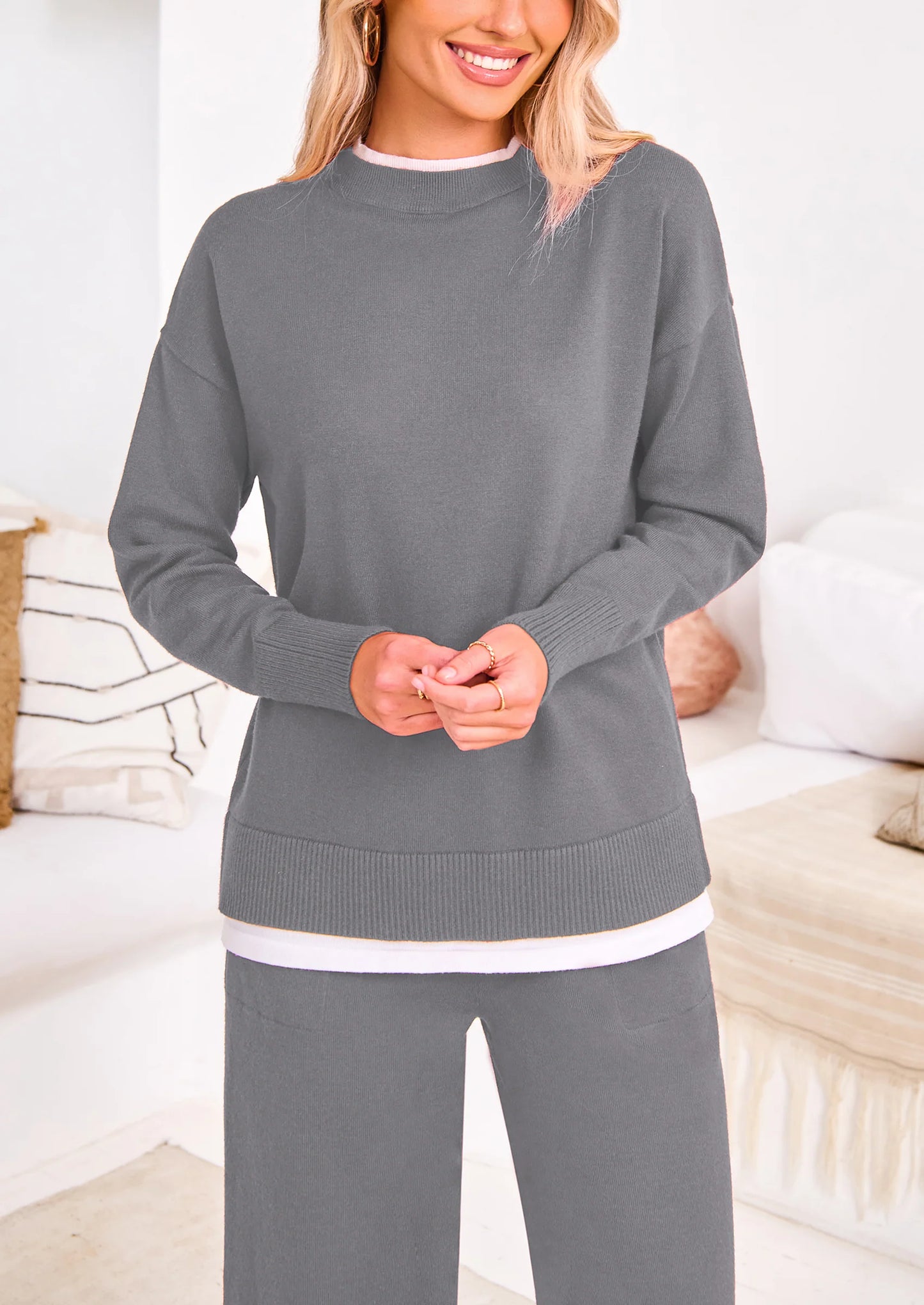 Two Piece Matching Sweater Lounge Sets Knit Long Sleeve Pullover Tops Wide Leg Pants