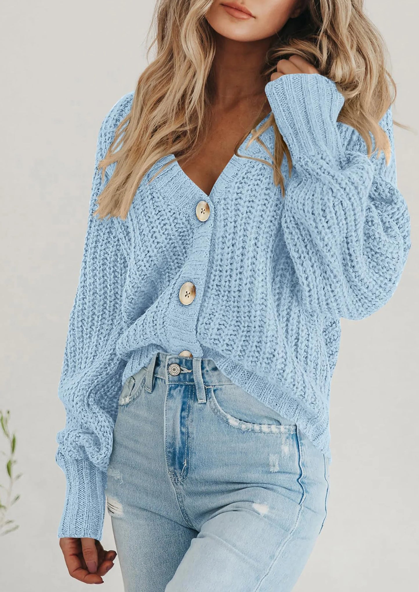 Women's Chunky Knit Open Front Sweater Long Sleeve Button Loose Short Cardigan Outerwear Coats
