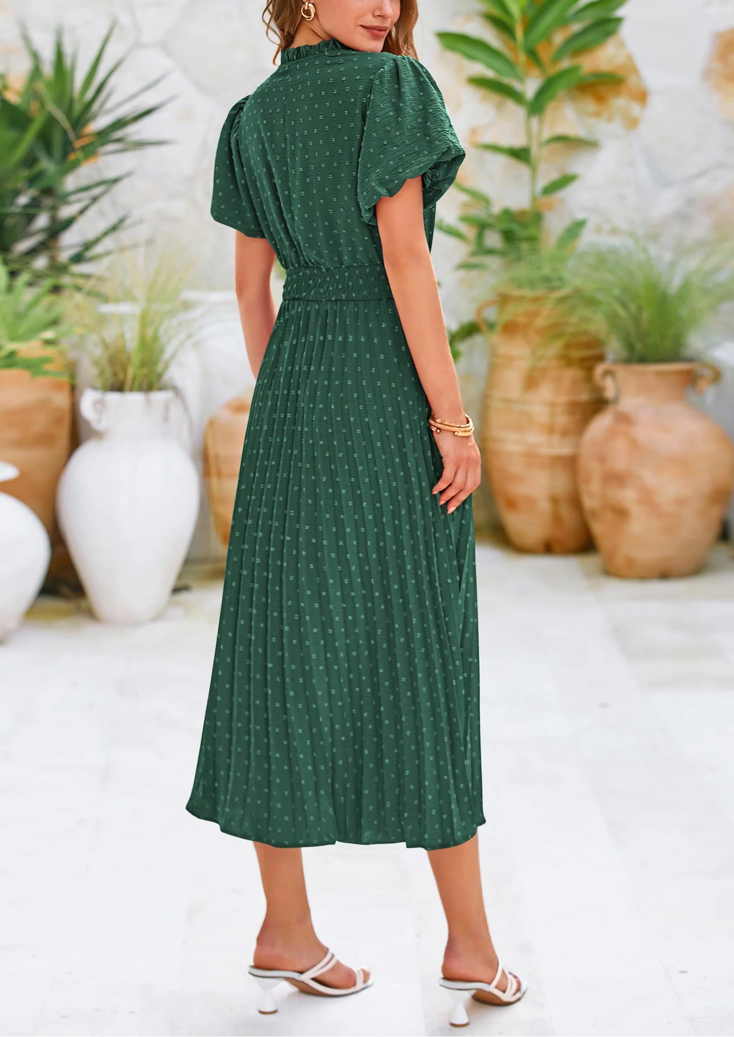 Womens Midi Dresses Puff Short Sleeve V Neck Swiss Dot Pleated A Line Flowy Long Wedding Guest Dress