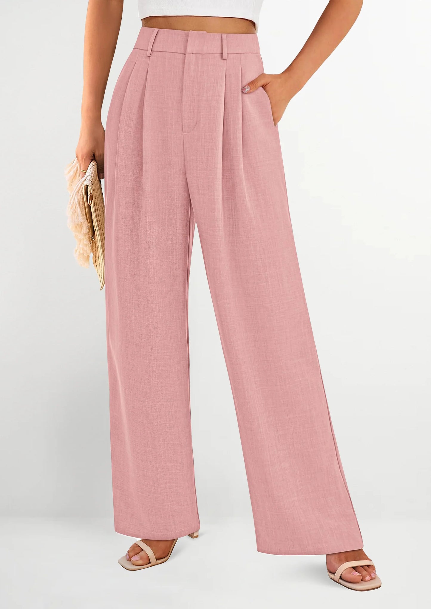 Women's Summer Elastic High Waisted Work Pants Straight Leg Dressy Business Casual Trousers Slacks Pockets