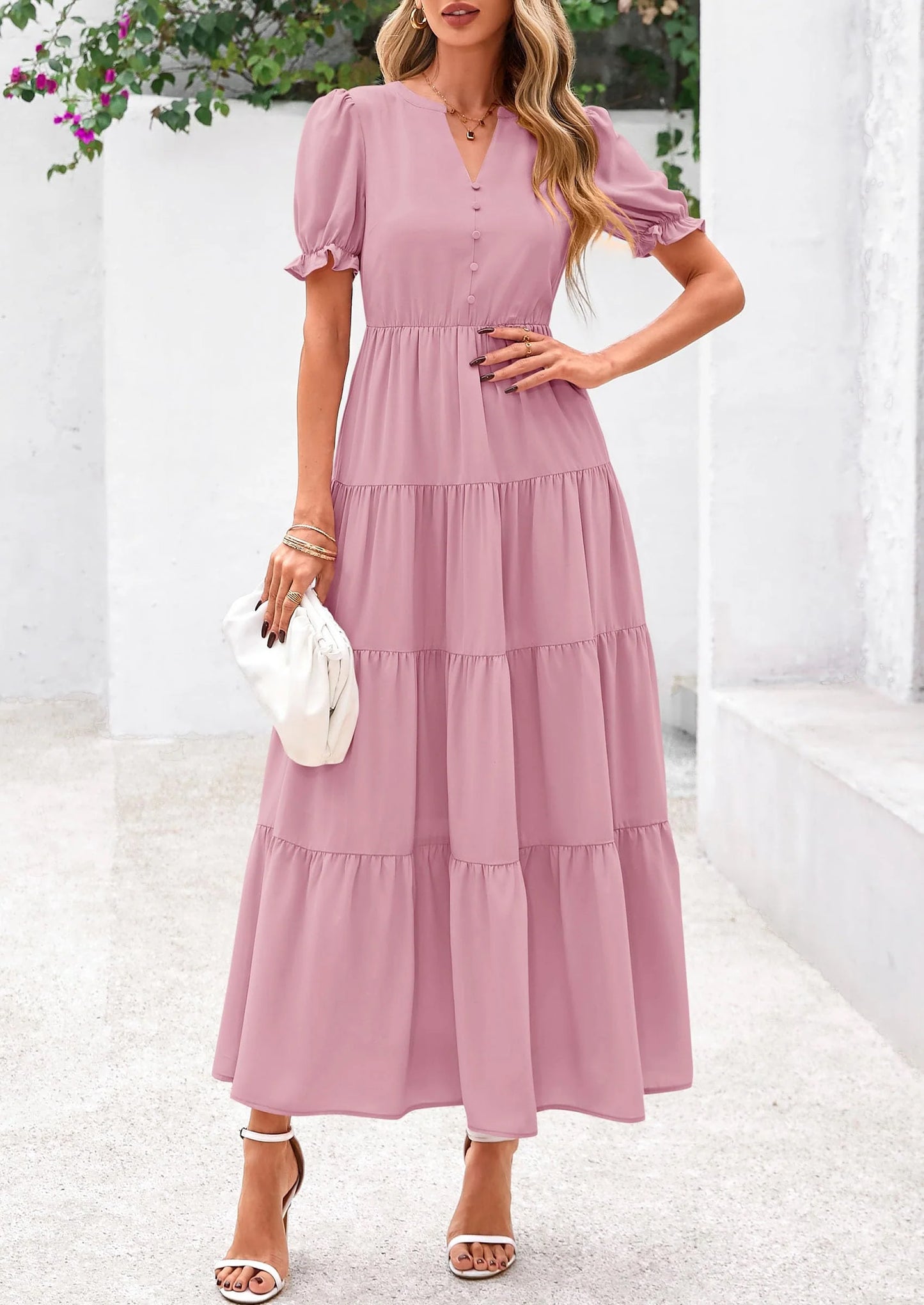 Women's Casual Short Sleeve V Neck Midi Dresses Spring A-line Tiered Wedding Guest Dress