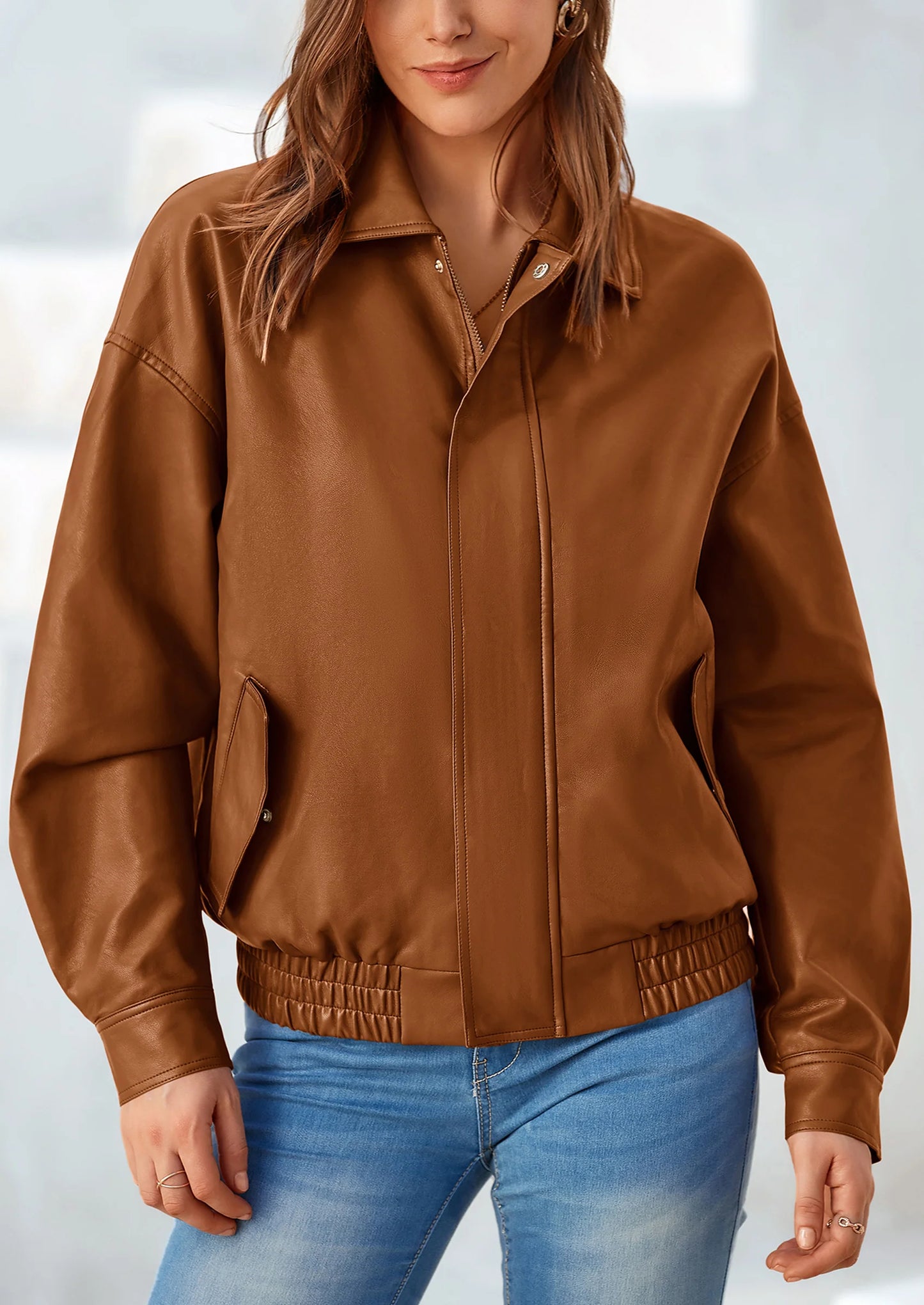 Women's Faux Leather Motorcycle Jacket Trendy Fall Spring Clothes Oversized Zip Up Winter Coat Outerwear