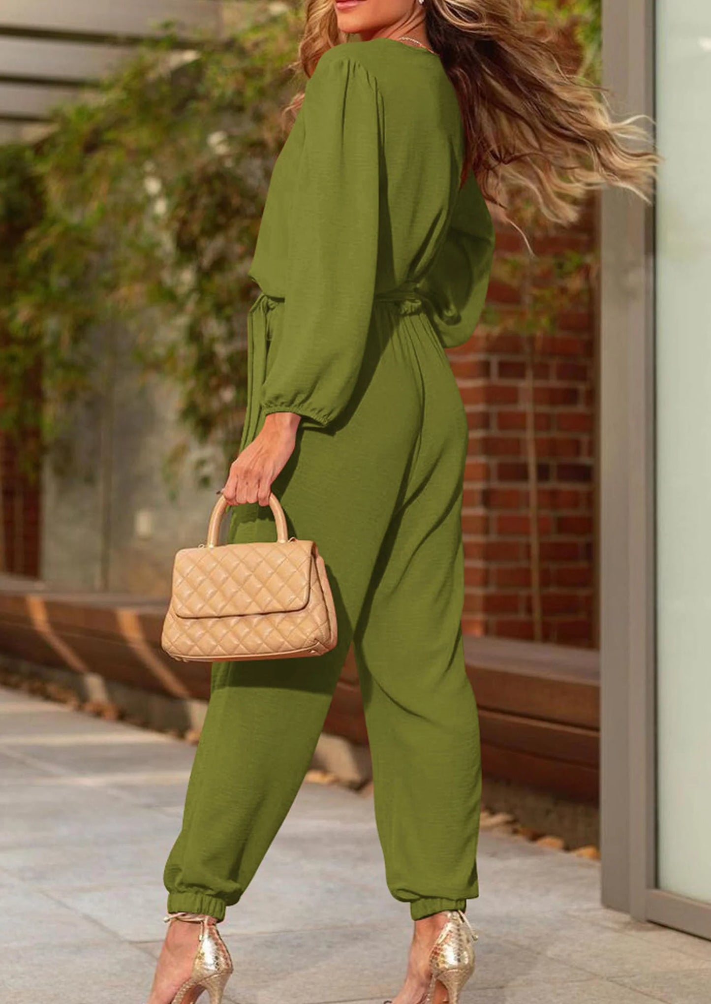 Women's Fall Jumpsuits Dressy Casual Pants Romper Spring Long Sleeve V Neck Belt Pockets One Piece Outfits