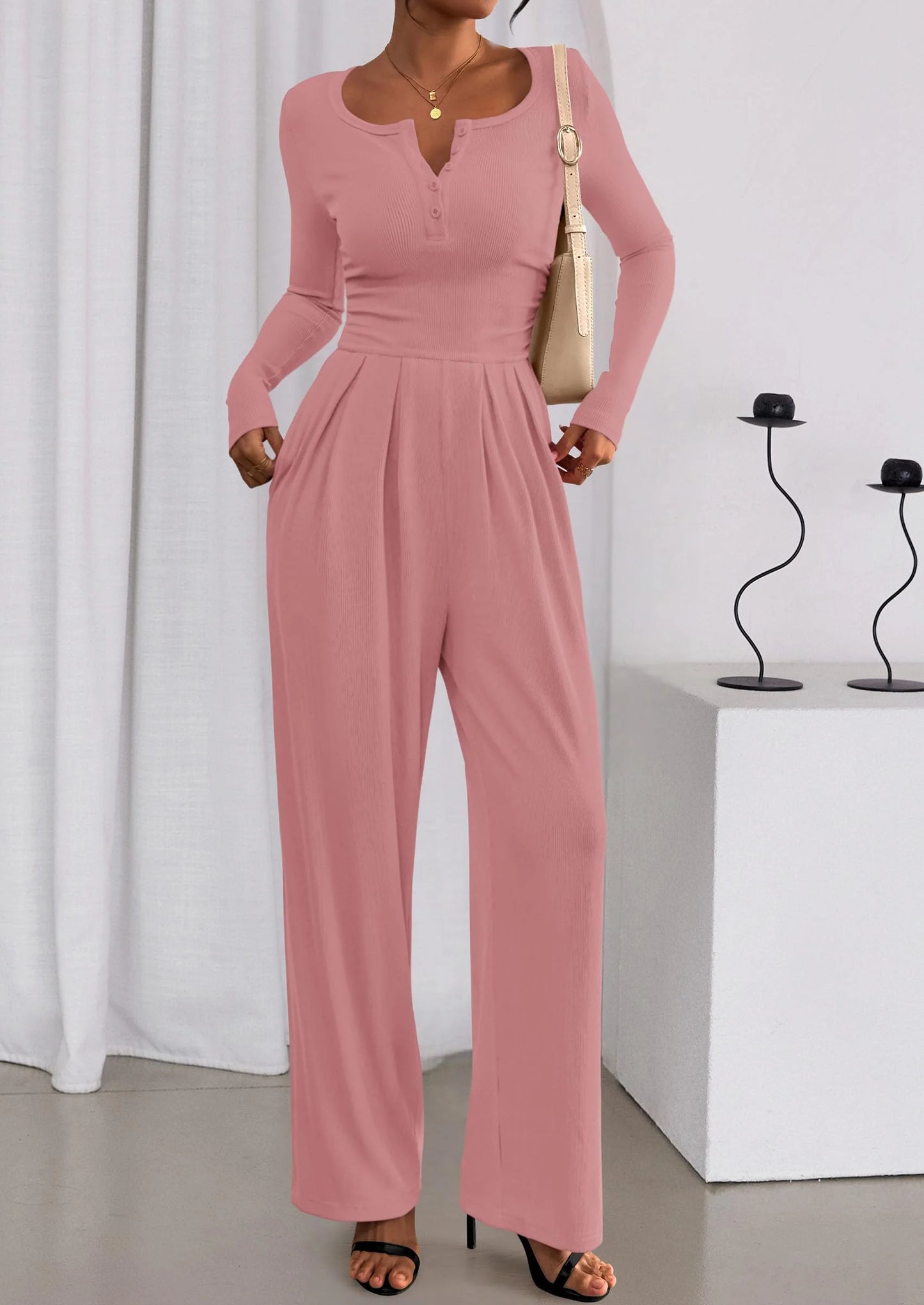 Jumpsuits for Women Dressy Casual Fall One Piece Outfits Long Sleeve Crew Neck Wide Leg Pants Rompers