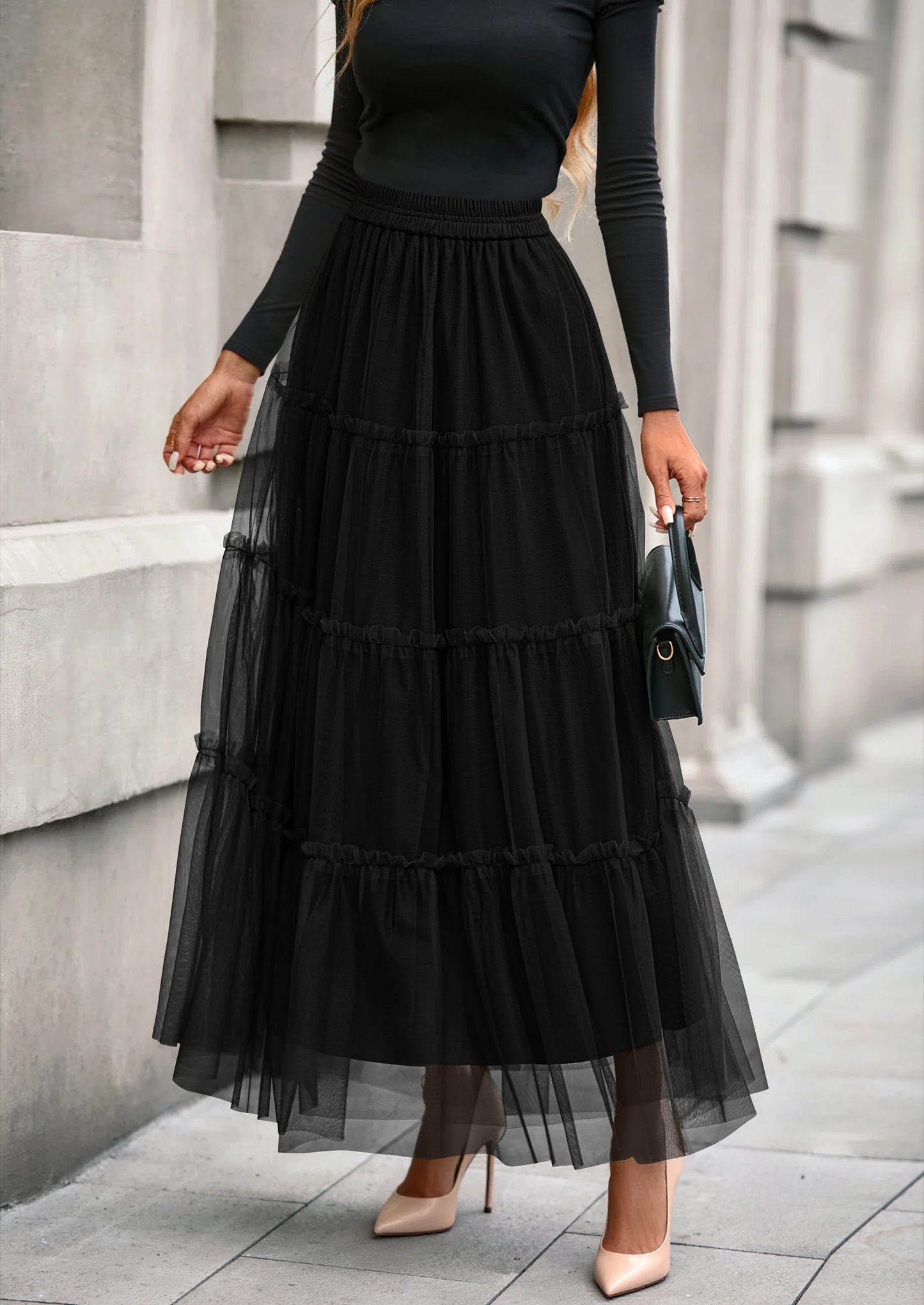 Maxi Skirts for Women Fall Tulle High Waisted Ruffle Flowy A-Line Long Skirt Country Concert Outfits