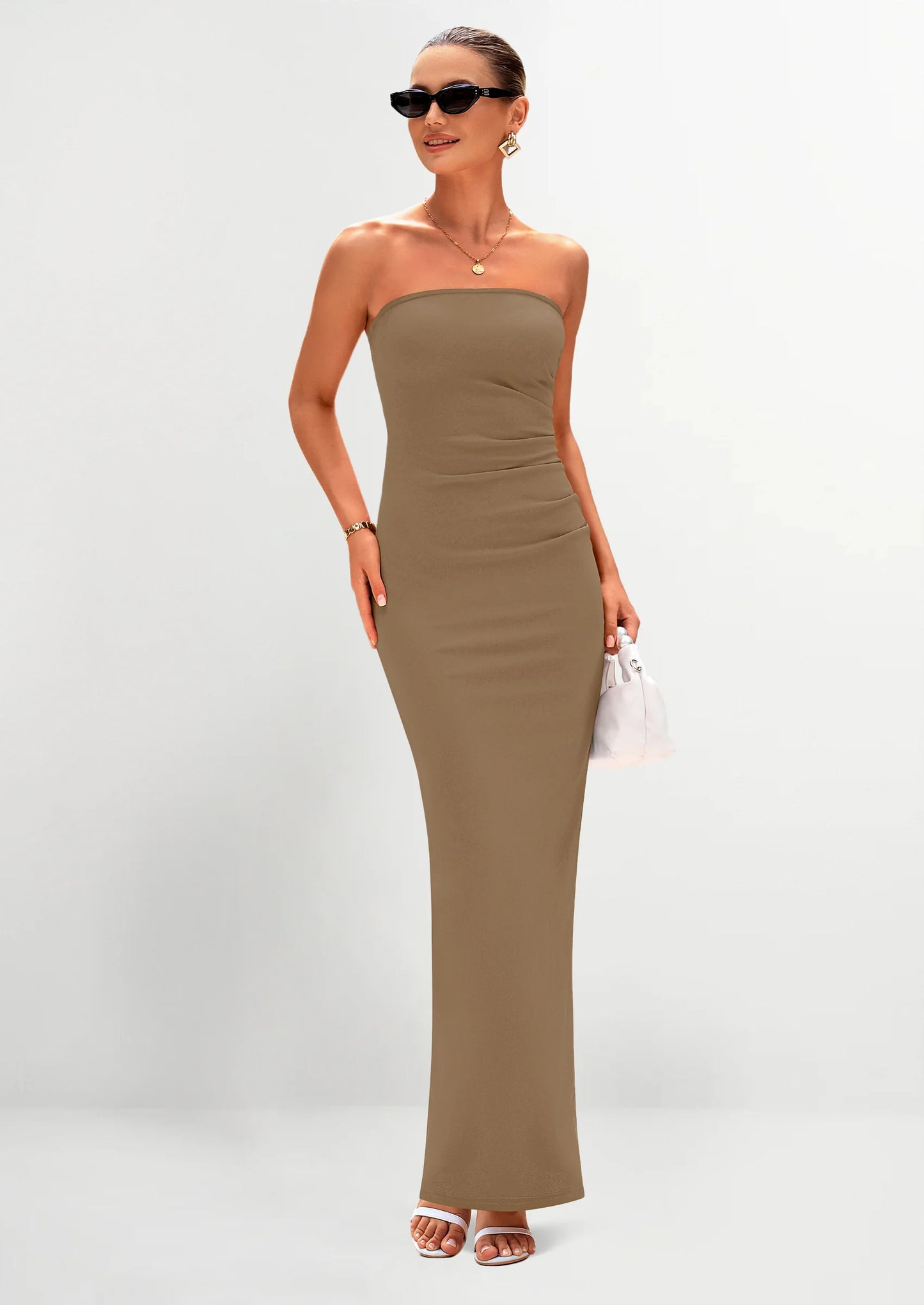 Women's Semi Formal Cocktail Dresses Strapless Tube Bodycon Ruched Evening Wedding Guest Maxi Dress