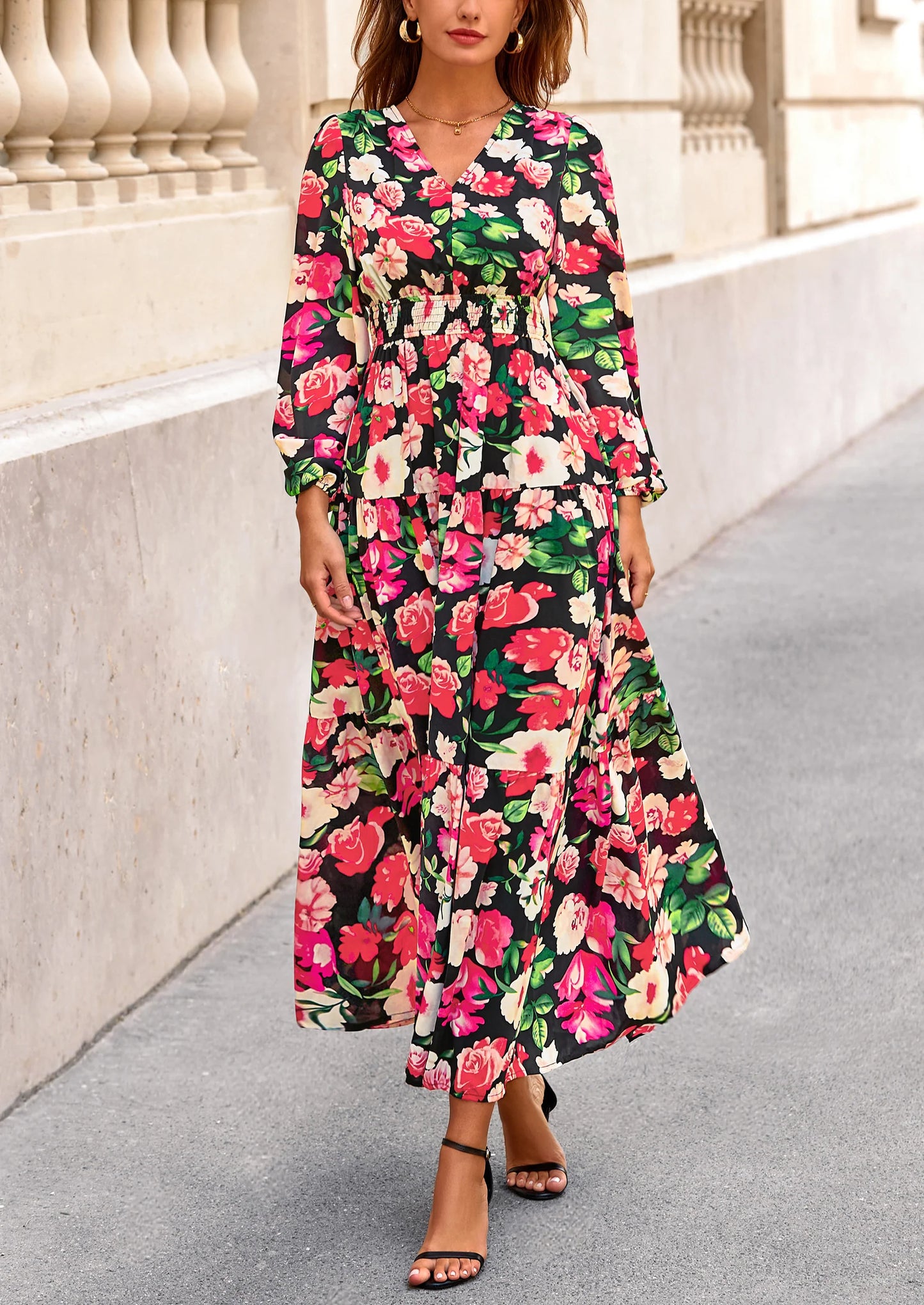 Long Sleeve Maxi Fall Dresses for Women Vneck Smocked Boho Floral Tiered Swing Flowy Wedding Guest Dress