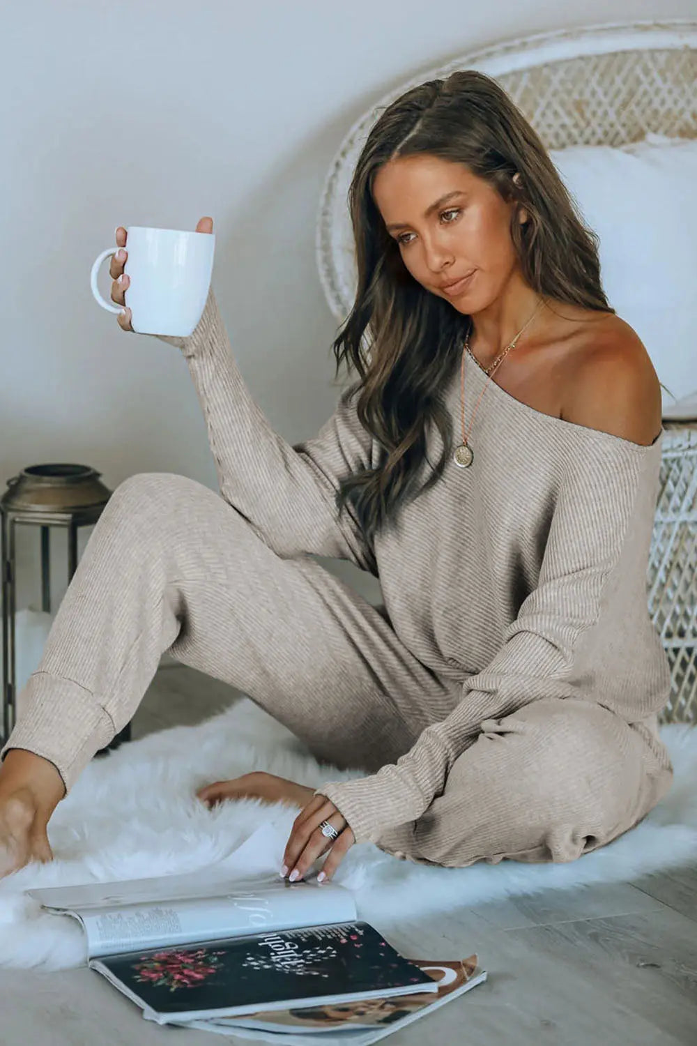 Women's 2 Piece Ribbed Tracksuit Outfits Off Shoulder Long Sleeve Pullover Lounge Pants with Pockets