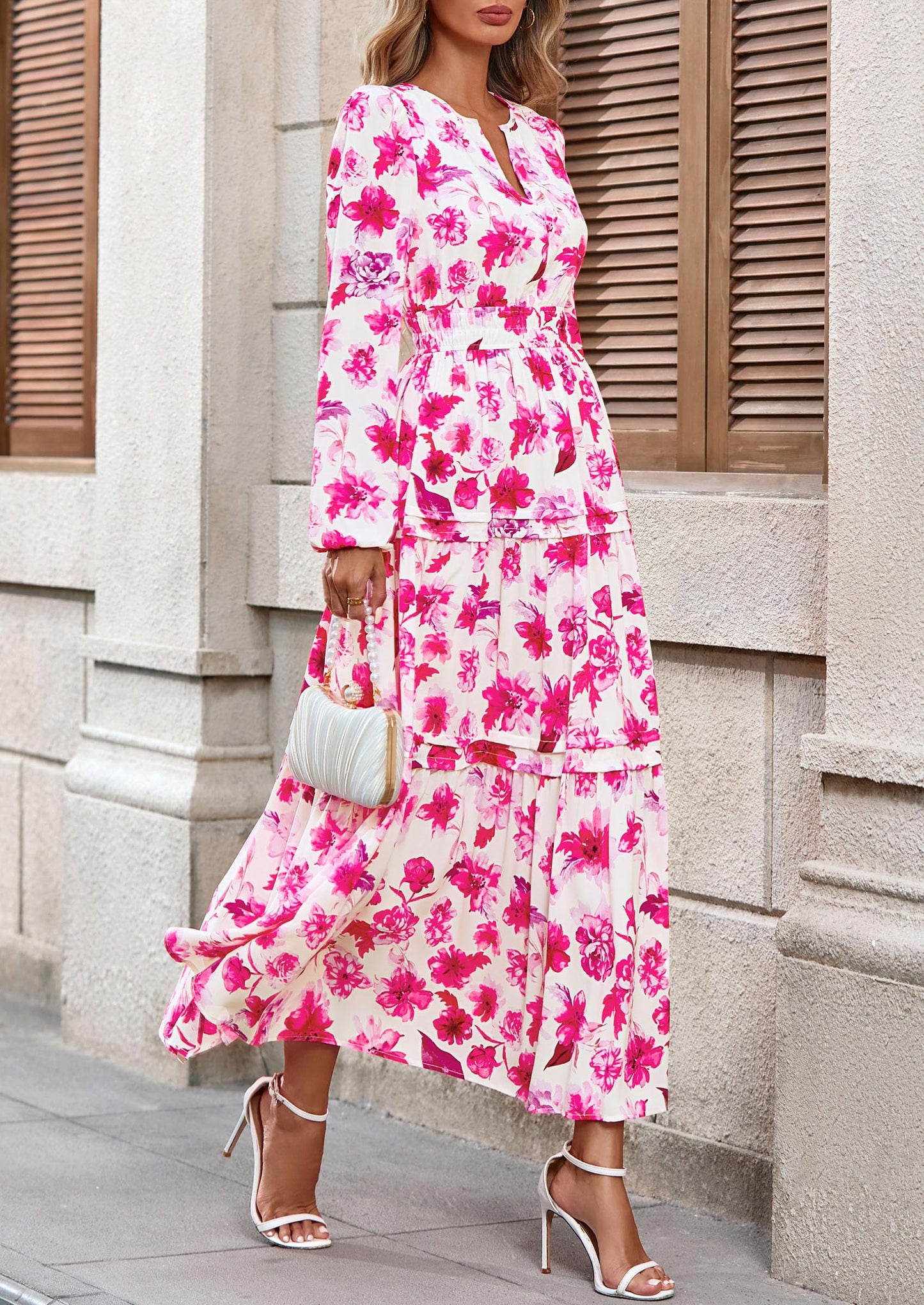 Women's Fall Boho Maxi Dresses Floral Long Sleeve V Neck Flowy Elegant Wedding Guest Dress Vacation Outfits