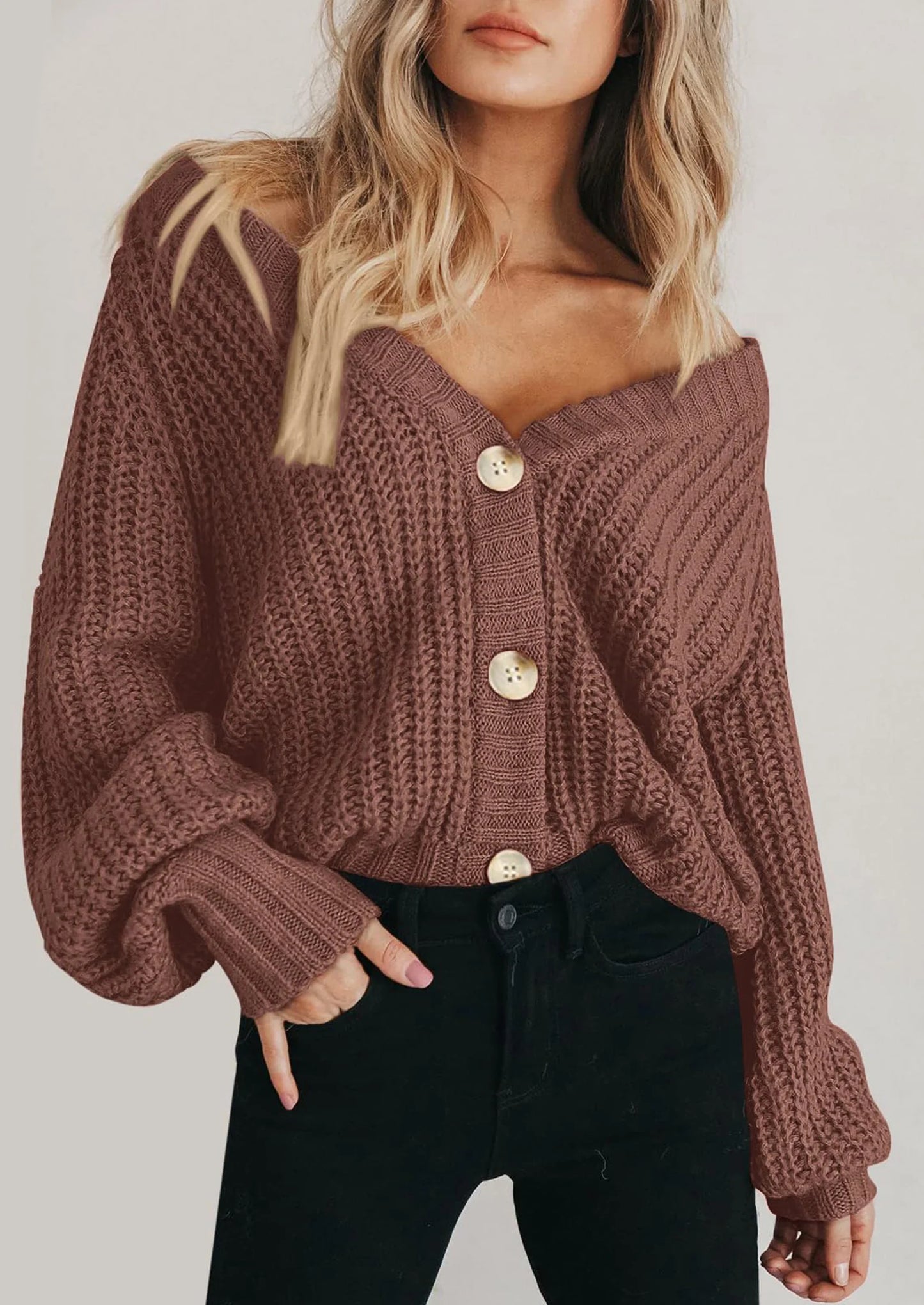 Women's Chunky Knit Open Front Sweater Long Sleeve Button Loose Short Cardigan Outerwear Coats