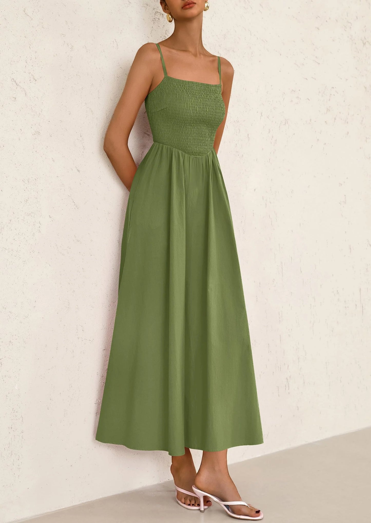 Women's Smocked Maxi Dresses Beach Sundress Casual Spaghetti Strap Swing A Line Long Flowy Dress