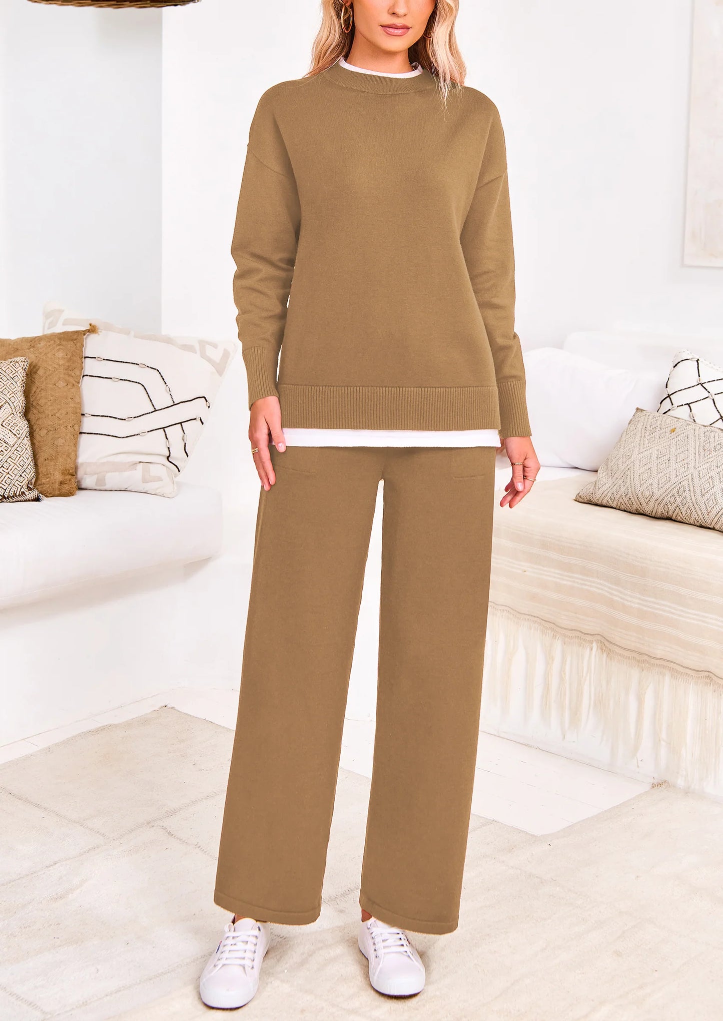 Two Piece Matching Sweater Lounge Sets Knit Long Sleeve Pullover Tops Wide Leg Pants