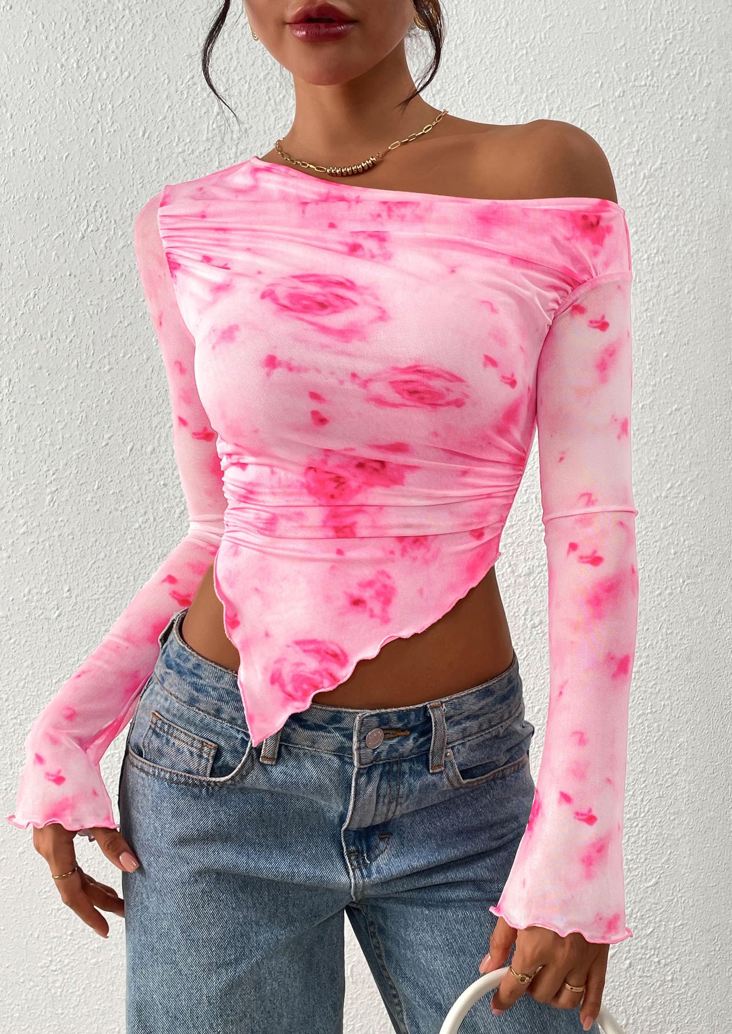 Womens Fall Trendy Off Shoulder Tops Tie Dye Mesh Long Sleeve Shirts Asymmetrical Ruched Floral Blouse